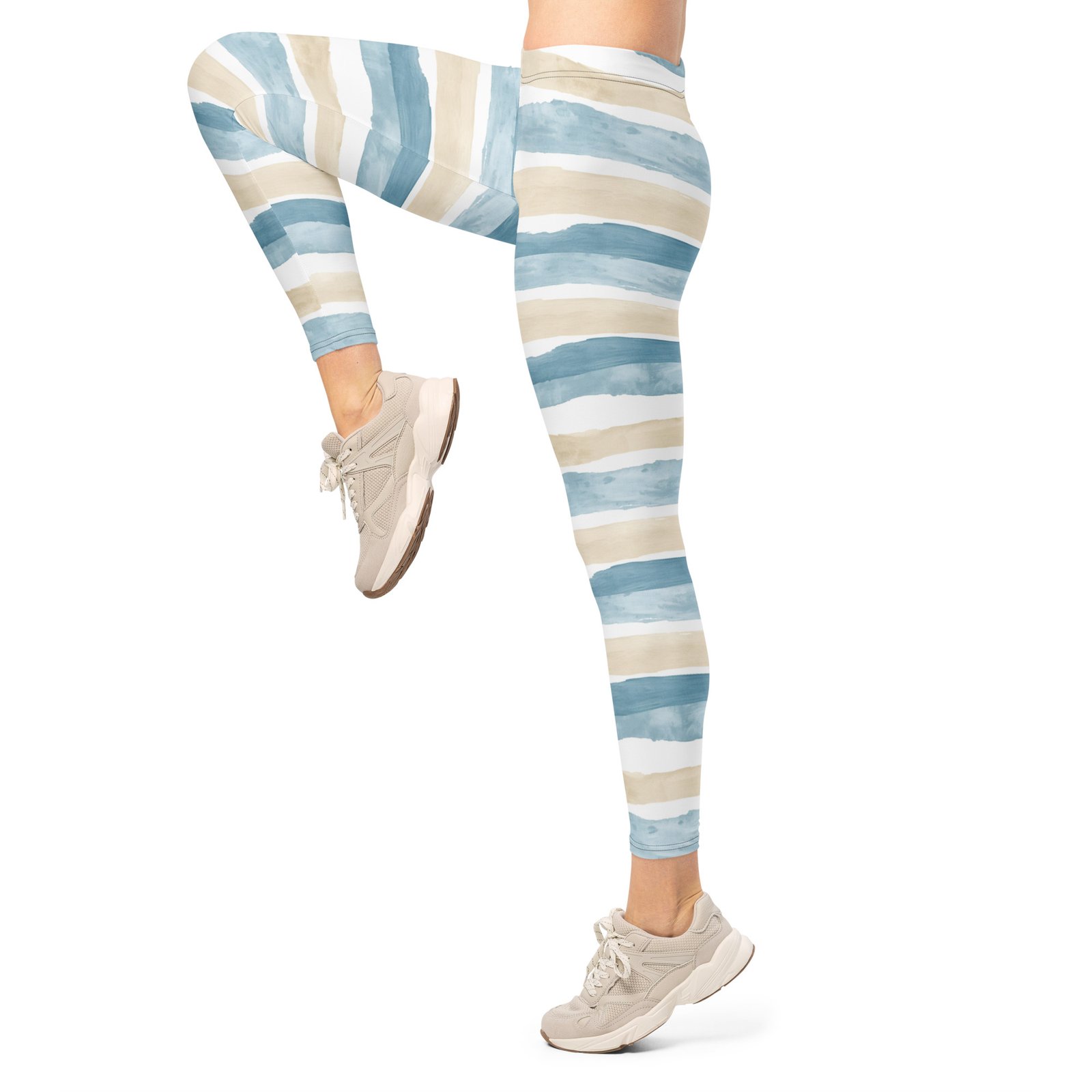 Watercolor Stripe Leggings Blue Beige Artistic Yoga Pants Watercolor Stripe Leggings Blue Beige Artistic Yoga Pants