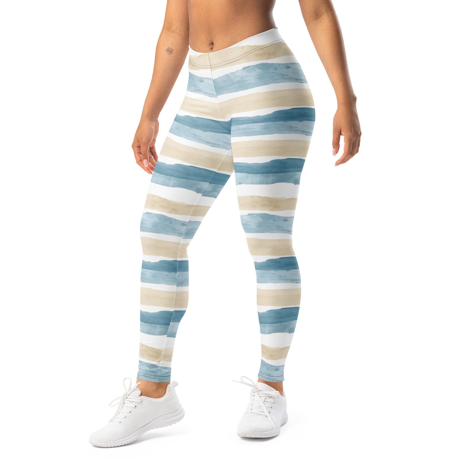 Watercolor Stripe Leggings Blue Beige Artistic Yoga Pants Watercolor Stripe Leggings Blue Beige Artistic Yoga Pants