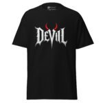 Devil T-shirt - Gothic Metal Font with Red Horns Black Tee 1 unisex-classic-tee-black-front-6a6410231fc54.jpg