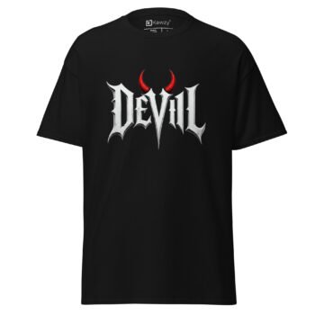 Devil T-shirt - Gothic Metal Font with Red Horns Black Tee