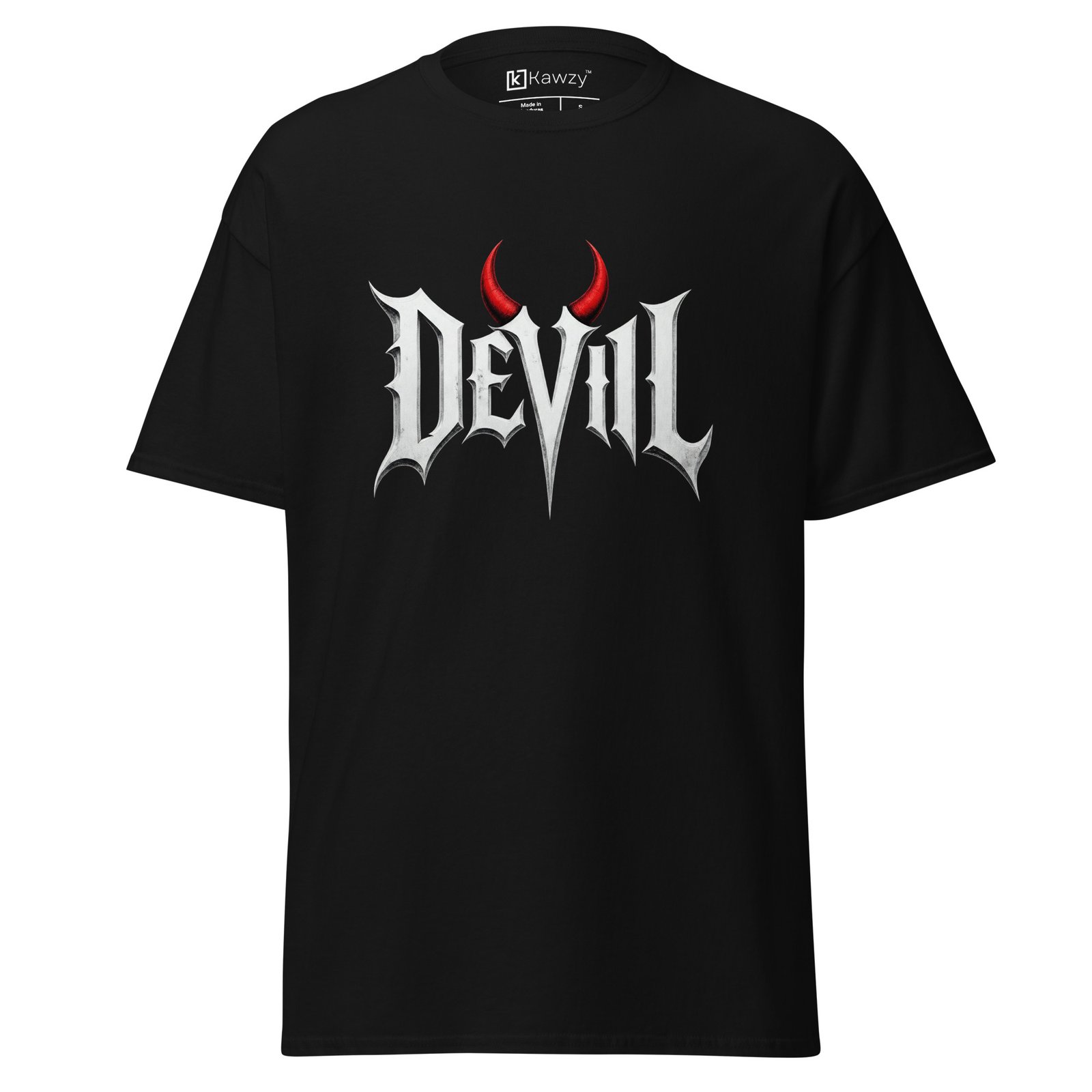 unisex-classic-tee-black-front-6a6410231fc54.jpg Devil T-shirt - Gothic Metal Font with Red Horns Black Tee