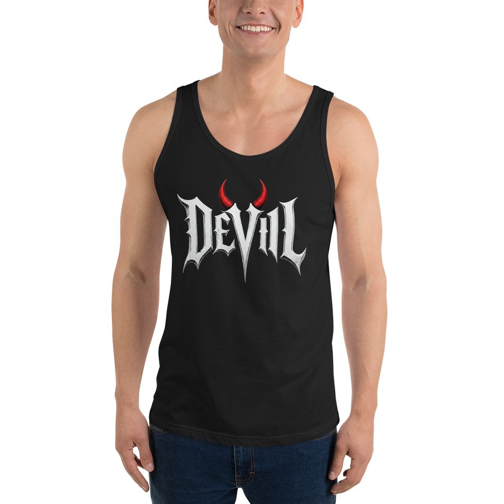 Devil Horns Tank Top Gothic Metal Lettering Black Tee Devil Horns Tank Top Gothic Metal Lettering Black Tee