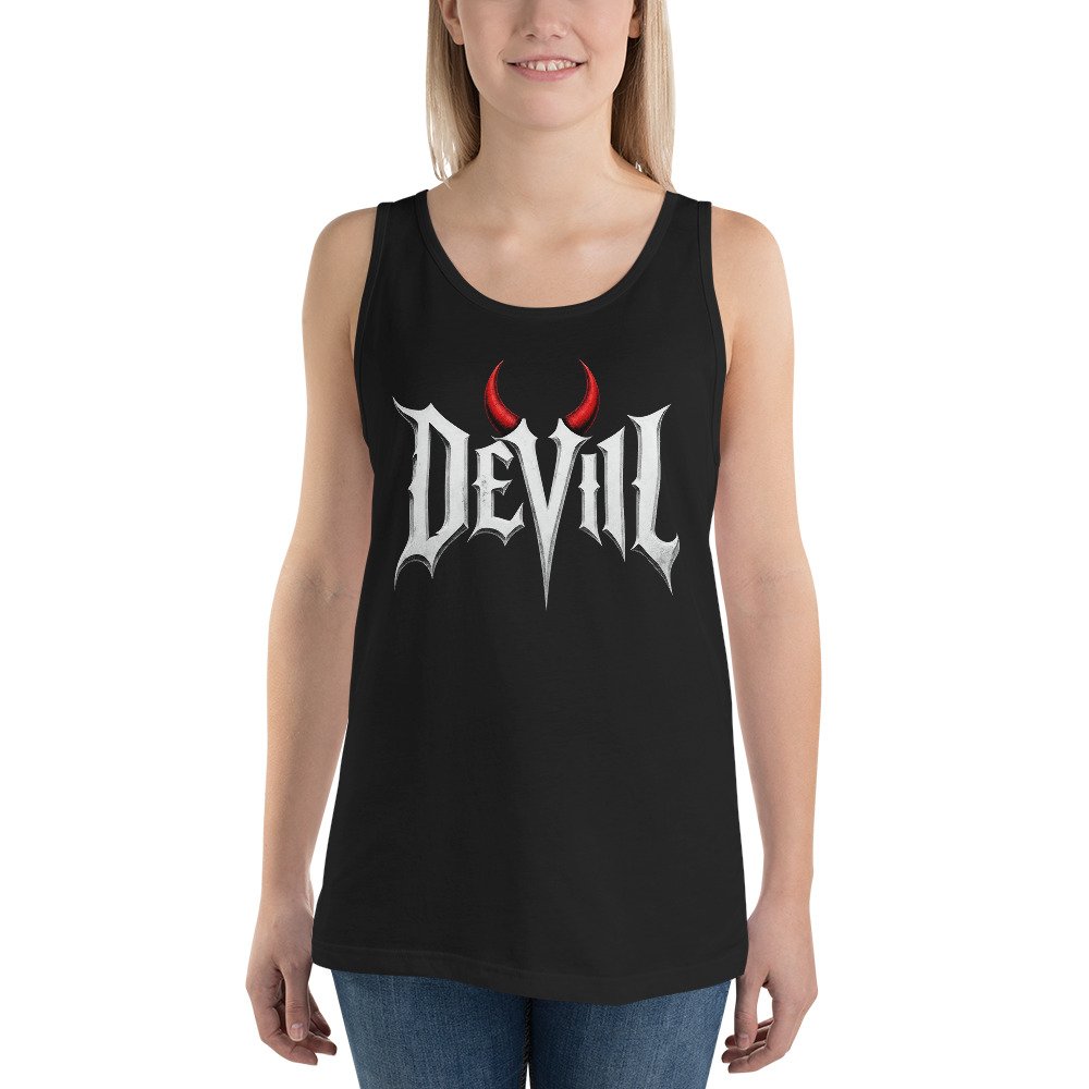 Devil Horns Tank Top Gothic Metal Lettering Black Tee Devil Horns Tank Top Gothic Metal Lettering Black Tee