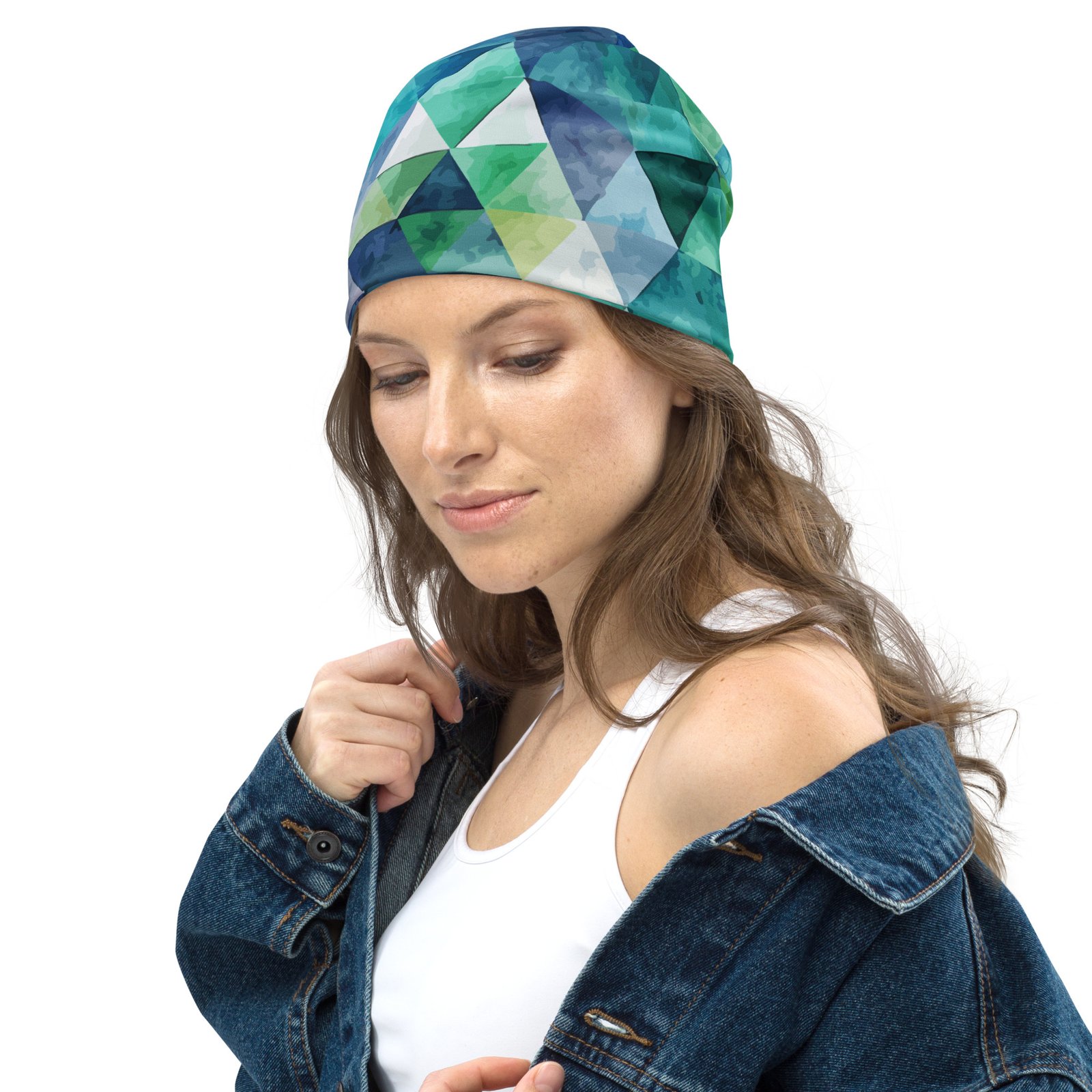 Teal Watercolor Triangle Beanie Geometric Winter Hat Teal Watercolor Triangle Beanie Geometric Winter Hat