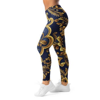 Gold Baroque Leggings Navy Damask Yoga Pants