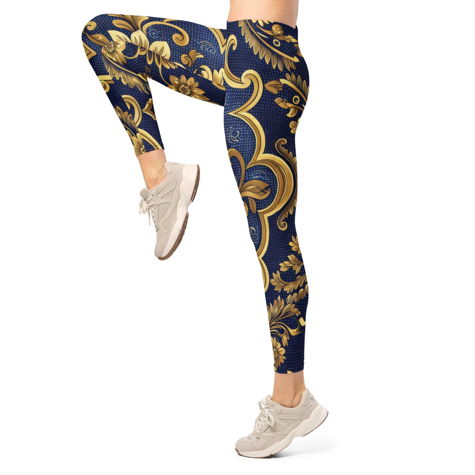 Gold Baroque Leggings Navy Damask Yoga Pants Gold Baroque Leggings Navy Damask Yoga Pants