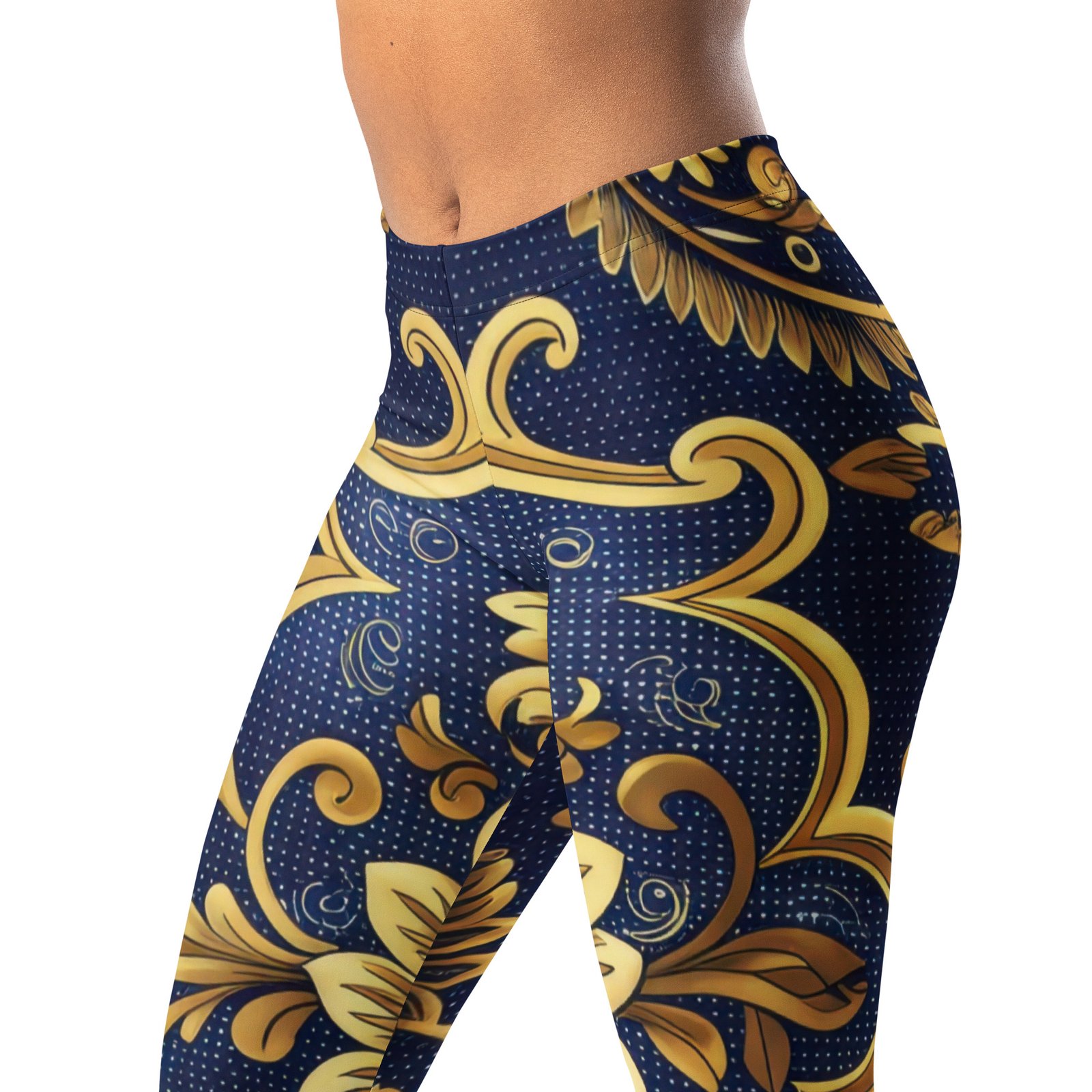 Gold Baroque Leggings Navy Damask Yoga Pants Gold Baroque Leggings Navy Damask Yoga Pants