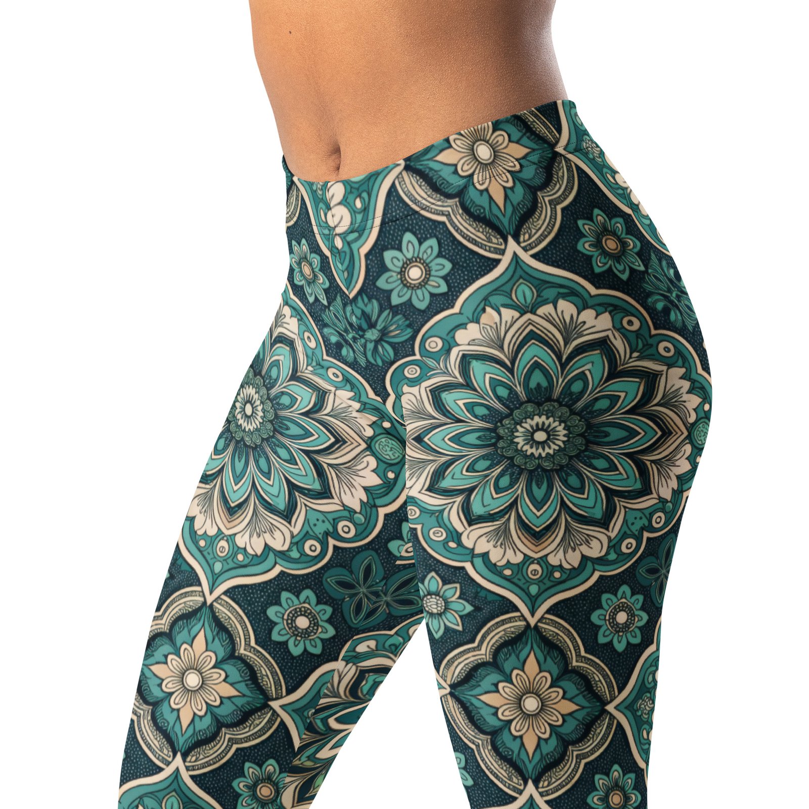 Teal Mandala Leggings Boho Floral Yoga Pants Teal Mandala Leggings Boho Floral Yoga Pants