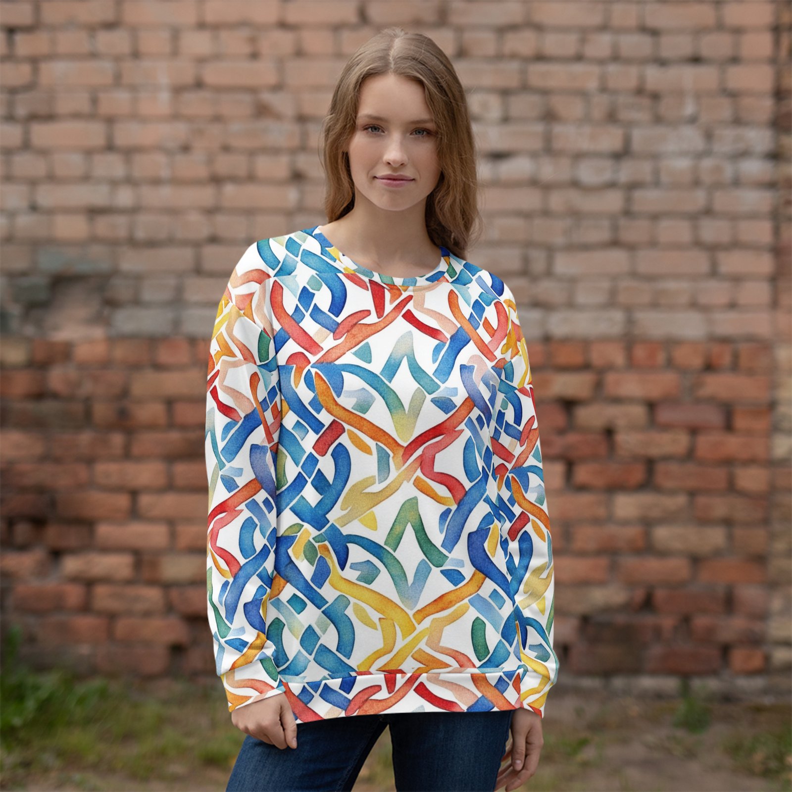 Abstract Geometric Sweatshirt Colorful Woven Pattern Abstract Geometric Sweatshirt Colorful Woven Pattern