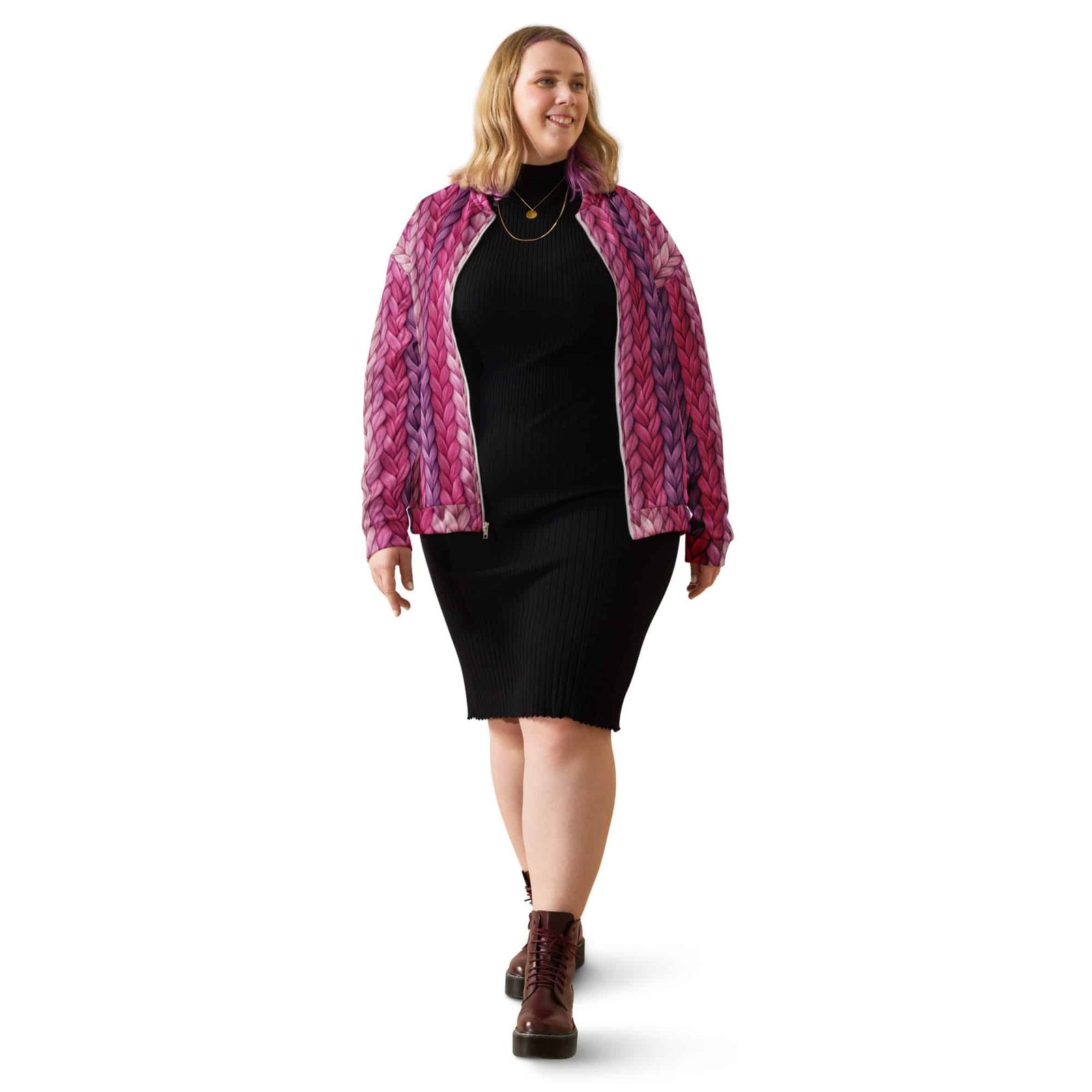 Chunky Knit Bomber Jacket Purple Braided Yarn Coat Chunky Knit Bomber Jacket Purple Braided Yarn Coat