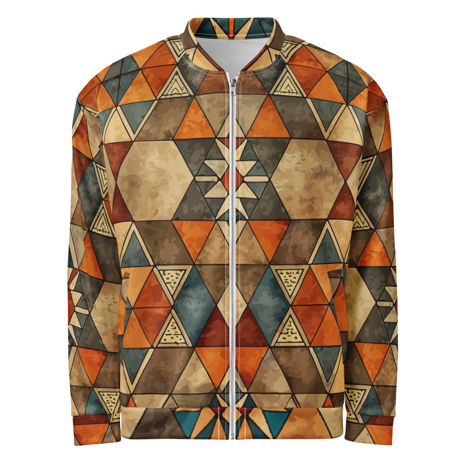 Earthy Geometric Bomber Jacket Mosaic Style Coat Earthy Geometric Bomber Jacket Mosaic Style Coat