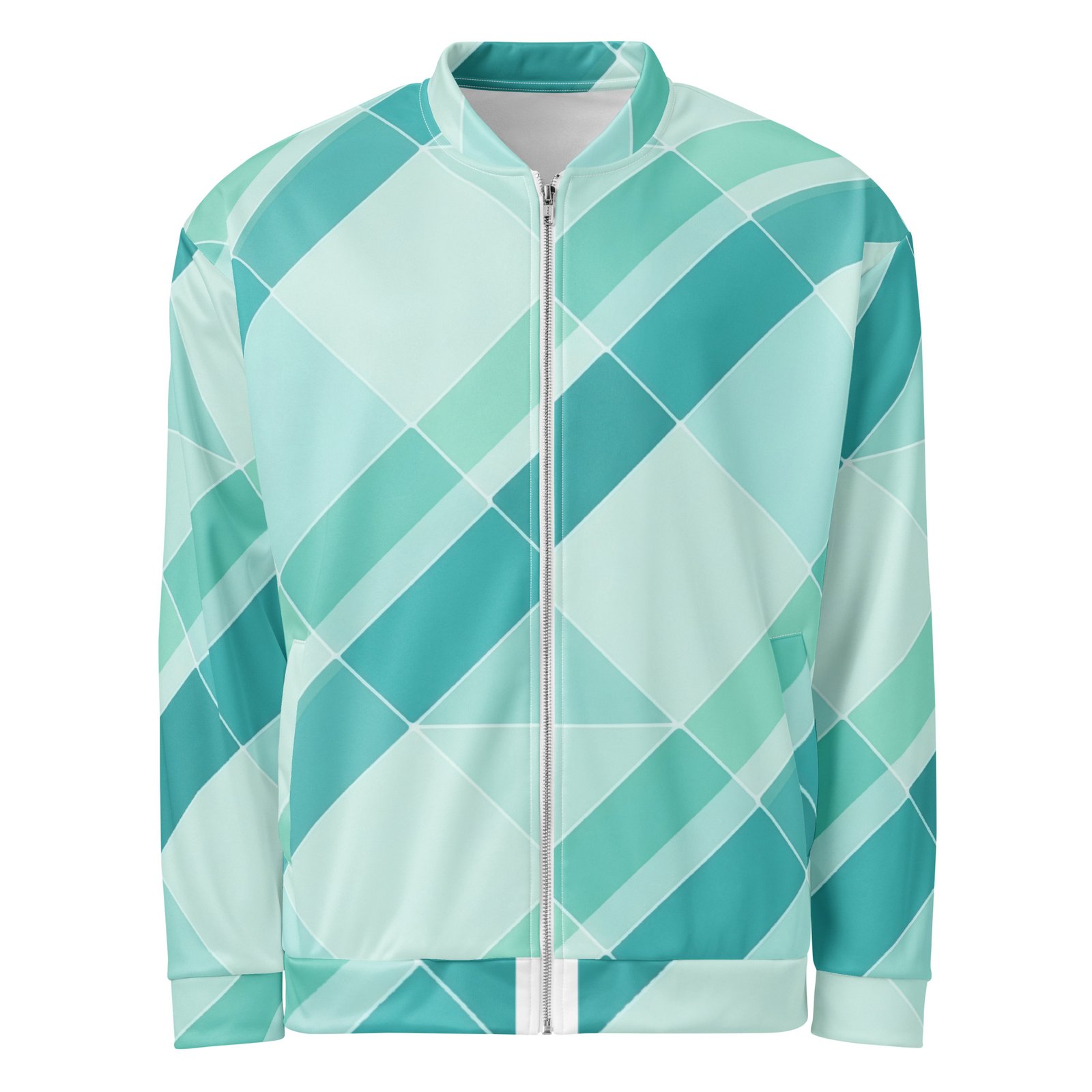 Teal Geometric Bomber Jacket Diagonal Tile Pattern Coat Teal Geometric Bomber Jacket Diagonal Tile Pattern Coat