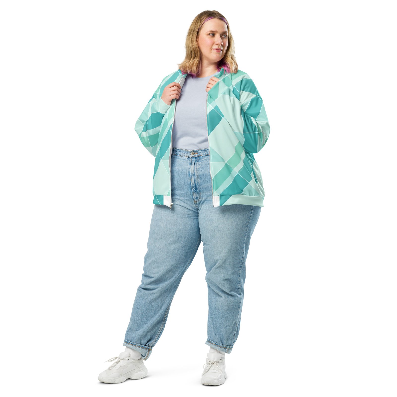 Teal Geometric Bomber Jacket Diagonal Tile Pattern Coat Teal Geometric Bomber Jacket Diagonal Tile Pattern Coat