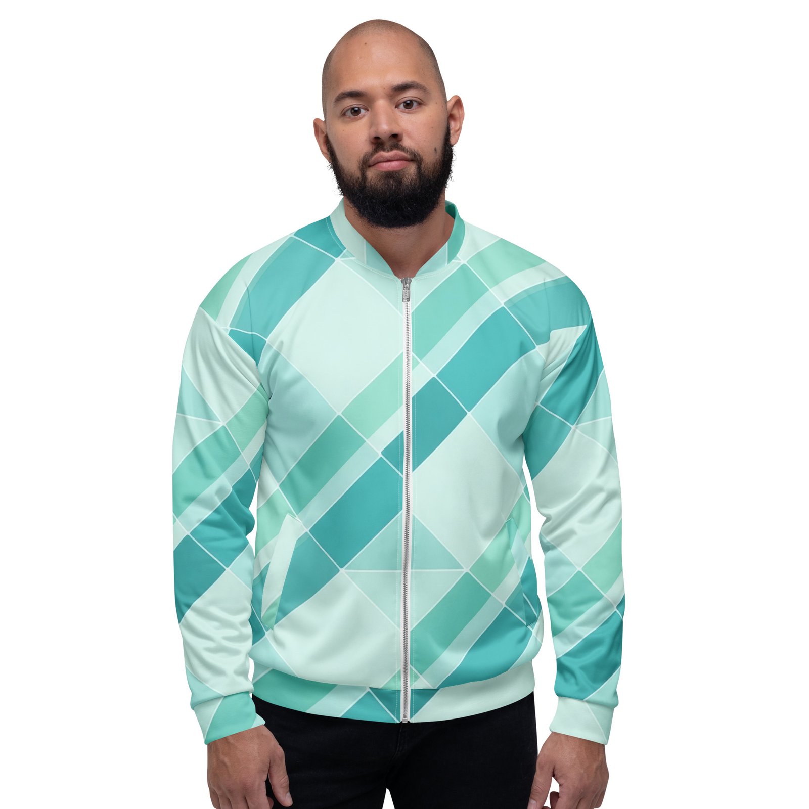 Teal Geometric Bomber Jacket Diagonal Tile Pattern Coat Teal Geometric Bomber Jacket Diagonal Tile Pattern Coat