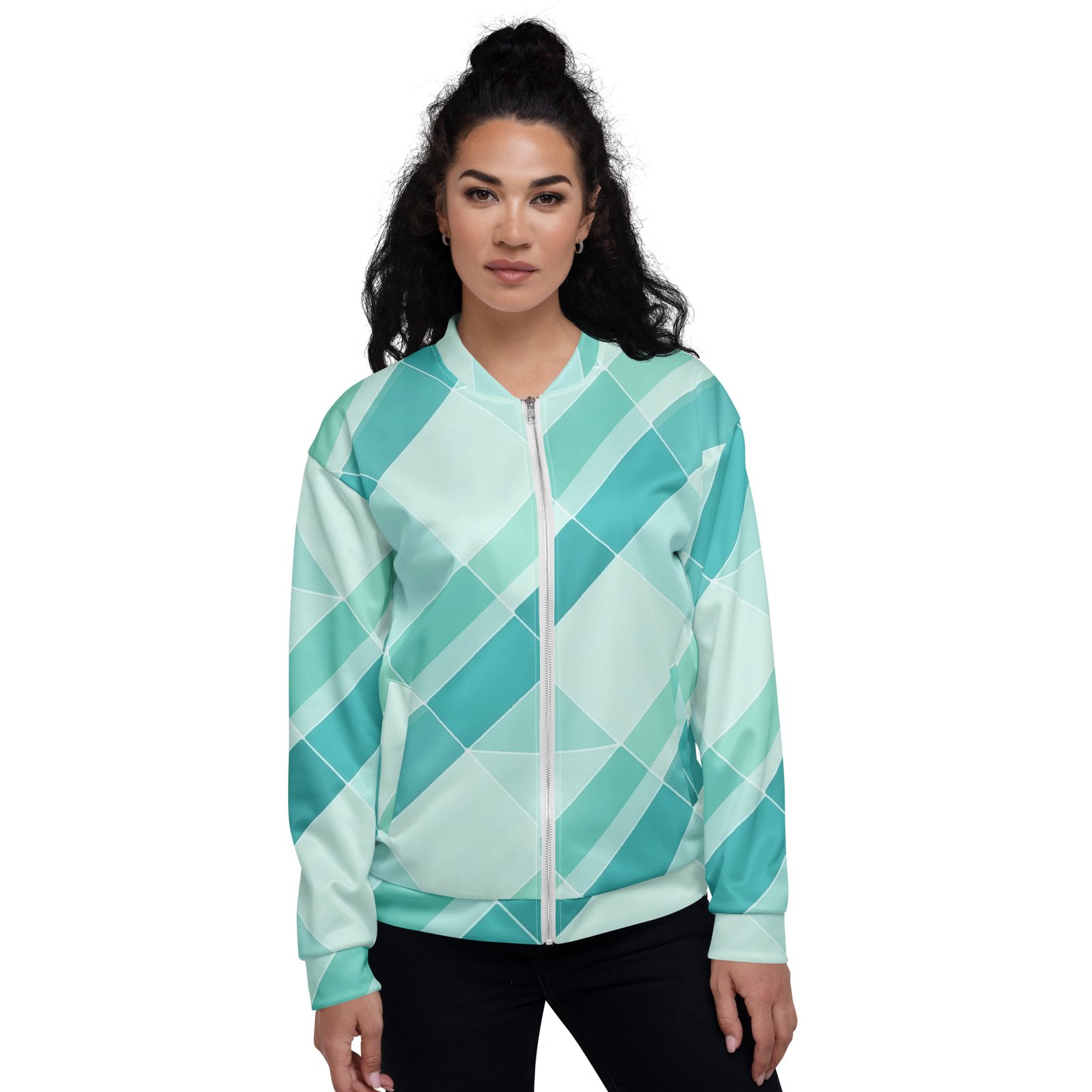 Teal Geometric Bomber Jacket Diagonal Tile Pattern Coat Teal Geometric Bomber Jacket Diagonal Tile Pattern Coat