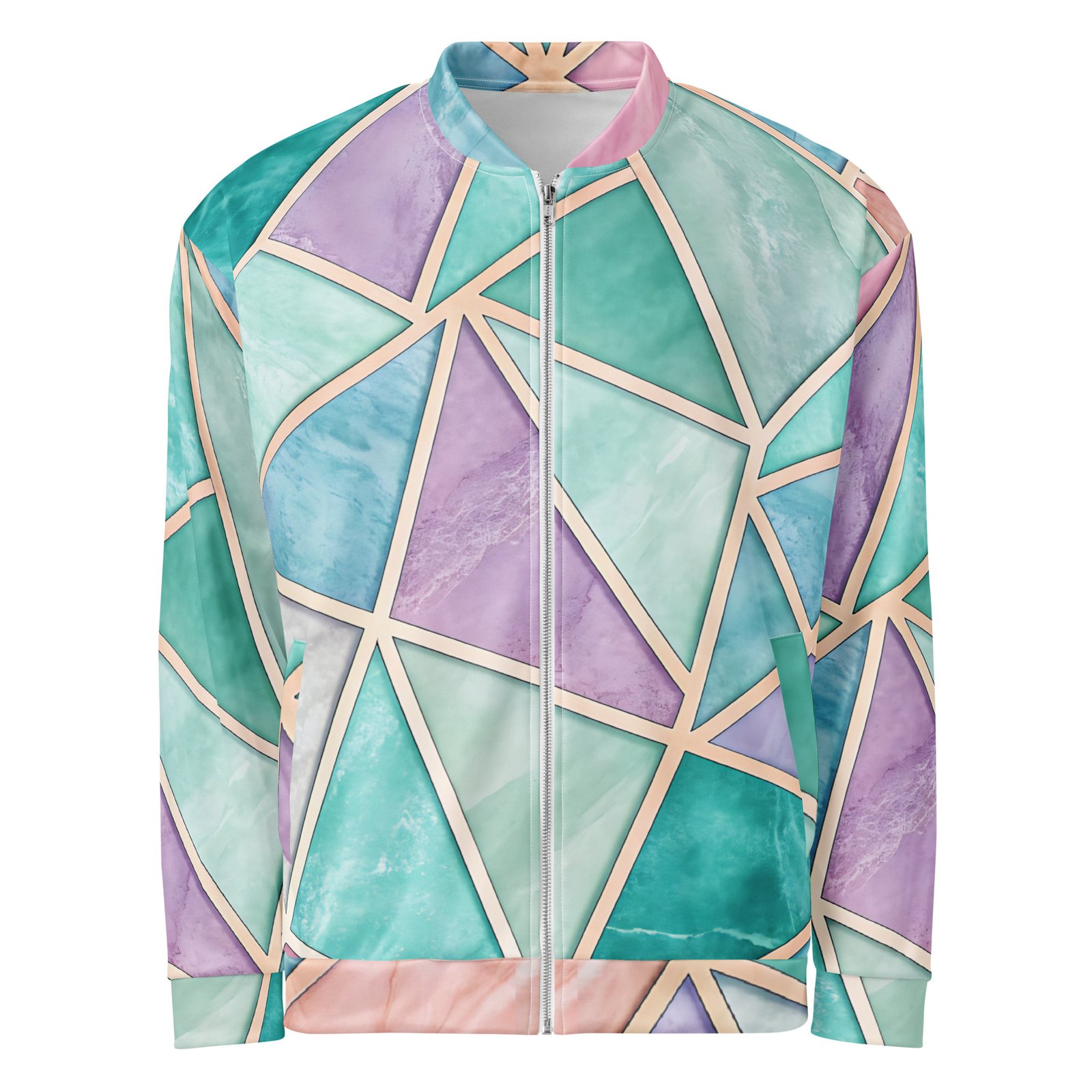 Pastel Geometric Bomber Jacket Rose Gold Triangle Coat Pastel Geometric Bomber Jacket Rose Gold Triangle Coat