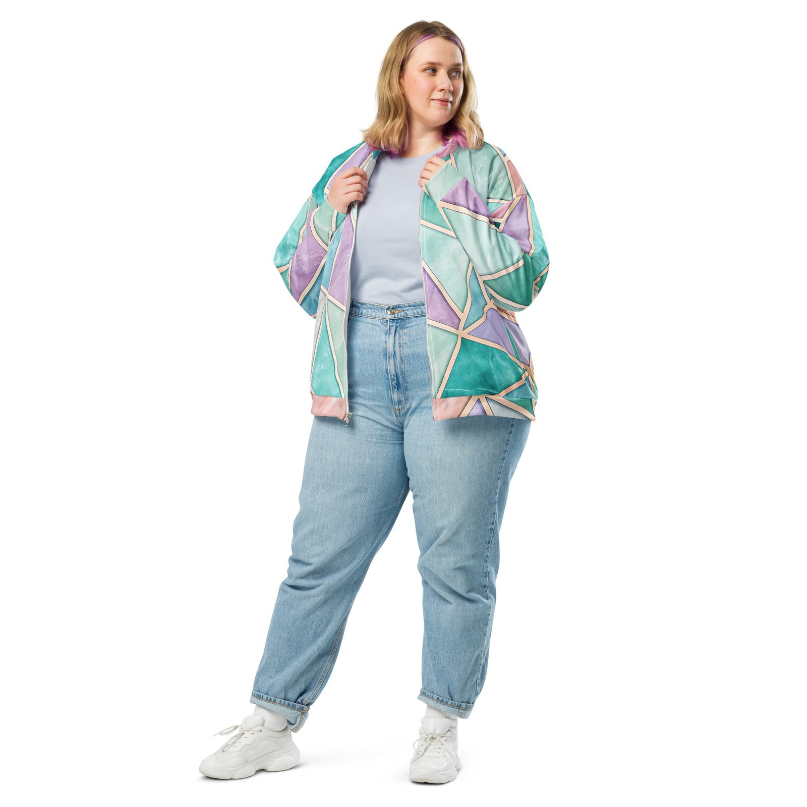Pastel Geometric Bomber Jacket Rose Gold Triangle Coat Pastel Geometric Bomber Jacket Rose Gold Triangle Coat