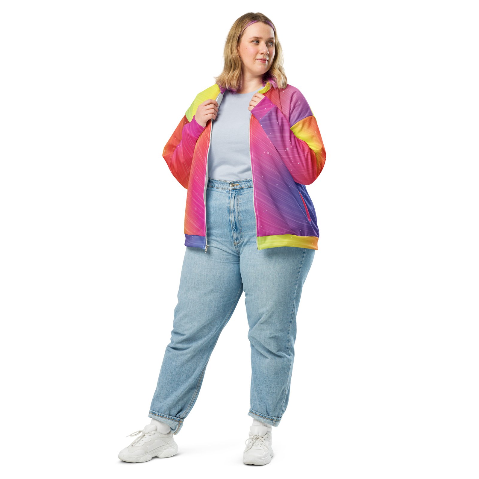 Rainbow Gradient Bomber Jacket Sparkle Diagonal Coat Rainbow Gradient Bomber Jacket Sparkle Diagonal Coat