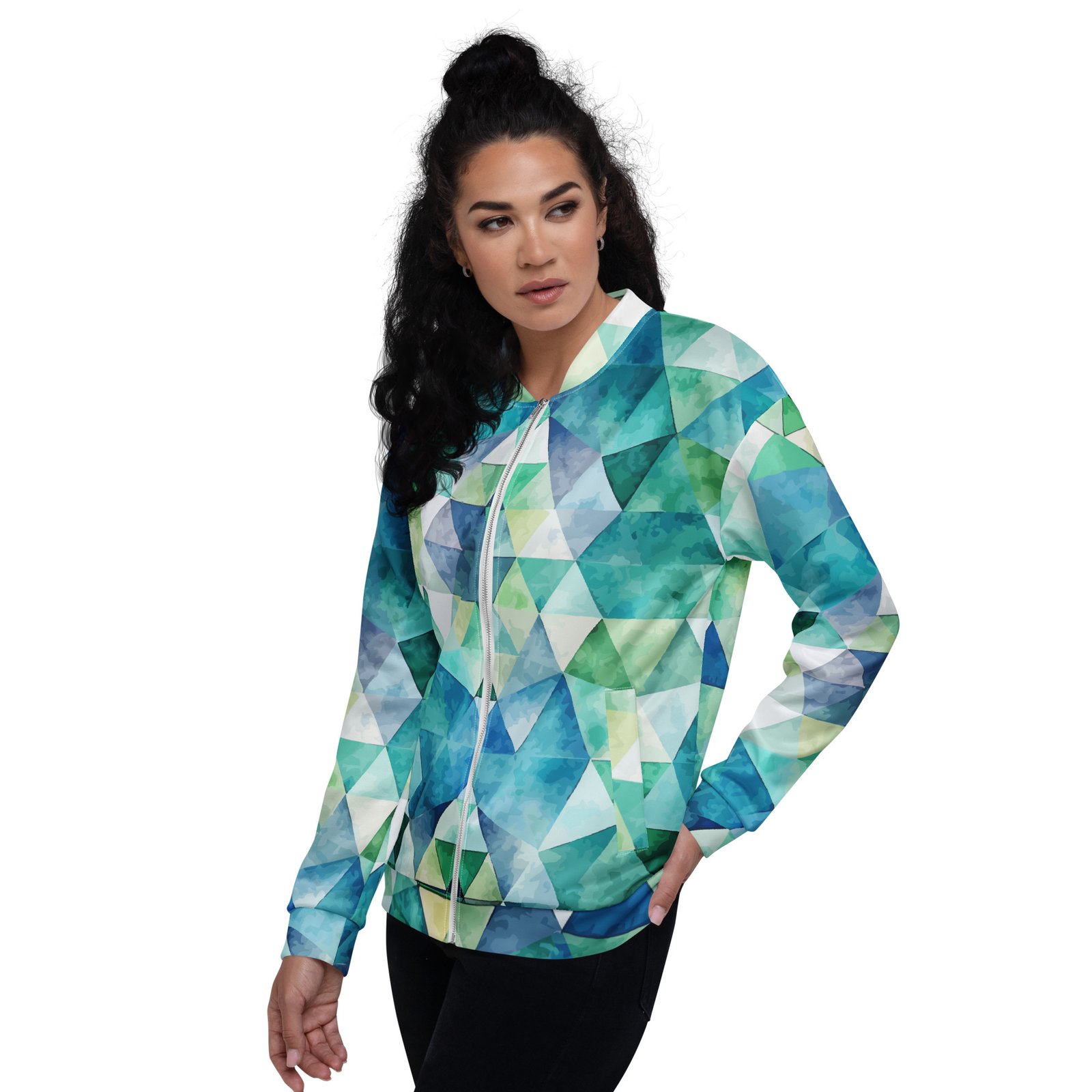 Teal Watercolor Triangle Bomber Jacket Geometric Coat Teal Watercolor Triangle Bomber Jacket Geometric Coat