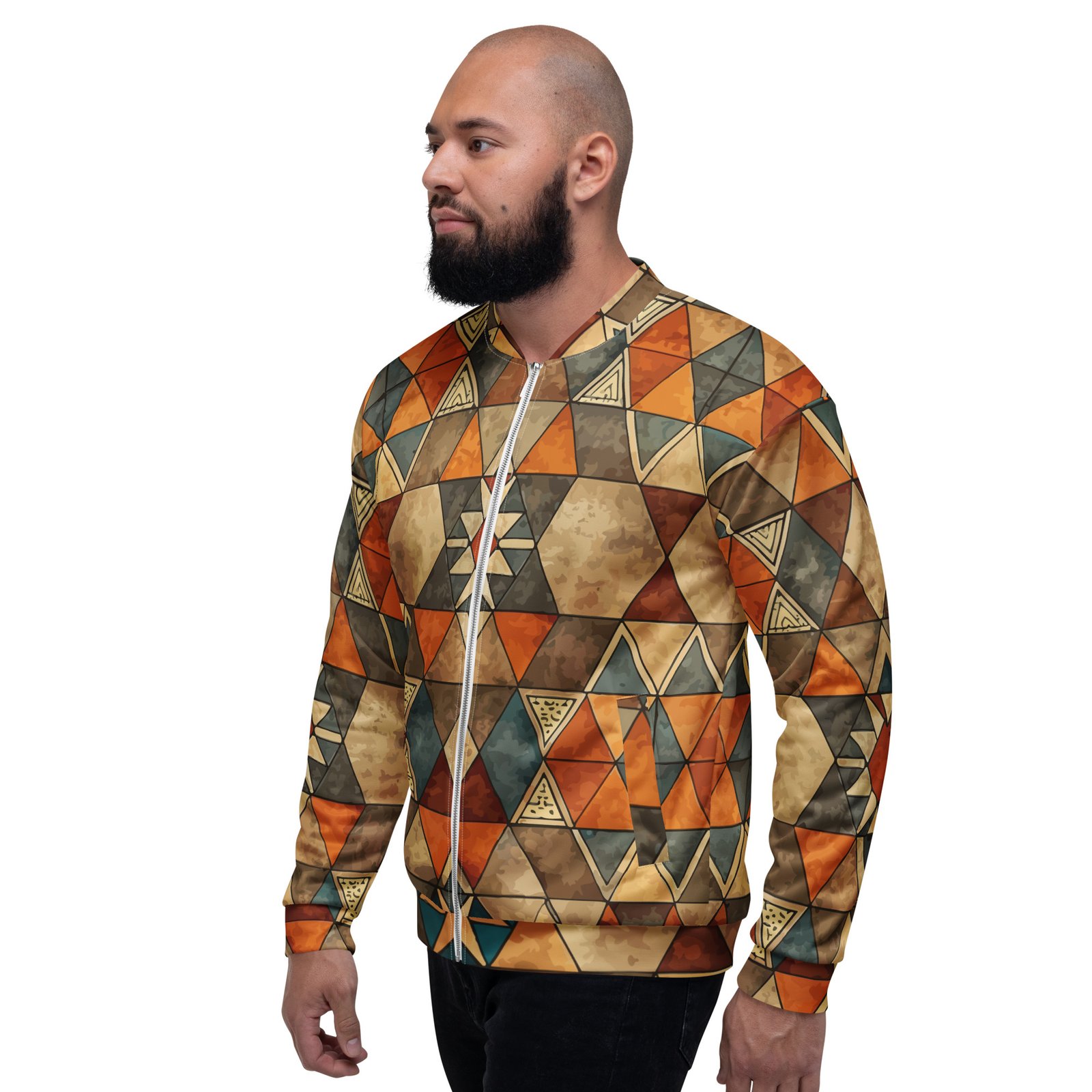 Earthy Geometric Bomber Jacket Mosaic Style Coat Earthy Geometric Bomber Jacket Mosaic Style Coat