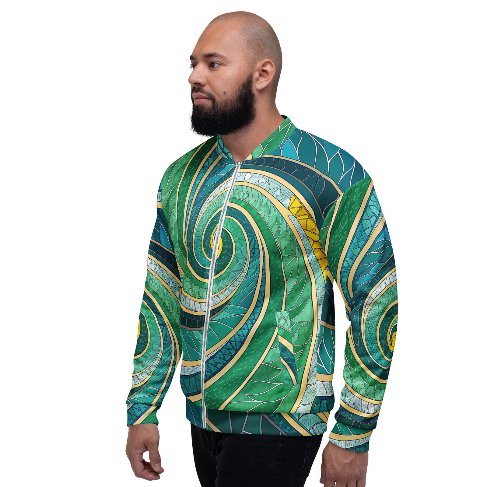 Green Spiral Bomber Jacket Stained Glass Style Coat Green Spiral Bomber Jacket Stained Glass Style Coat