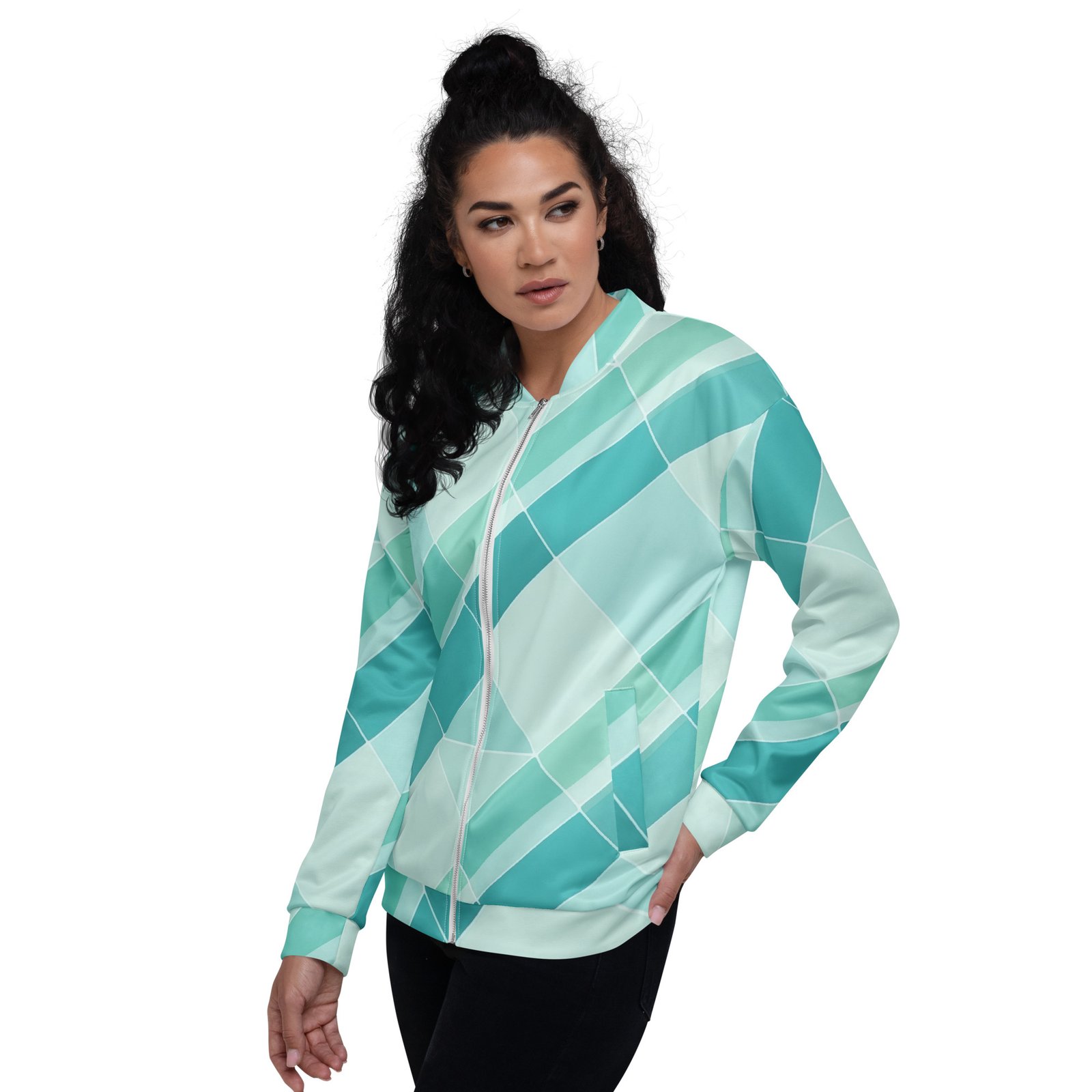 Teal Geometric Bomber Jacket Diagonal Tile Pattern Coat Teal Geometric Bomber Jacket Diagonal Tile Pattern Coat