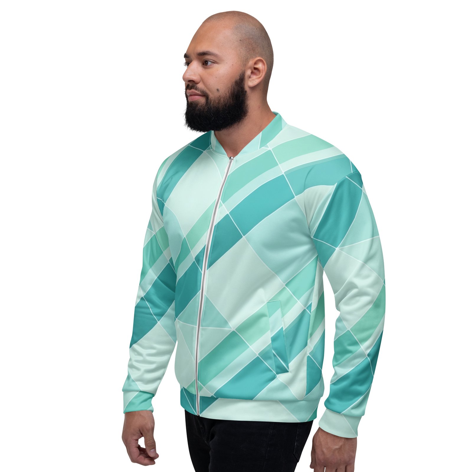 Teal Geometric Bomber Jacket Diagonal Tile Pattern Coat Teal Geometric Bomber Jacket Diagonal Tile Pattern Coat