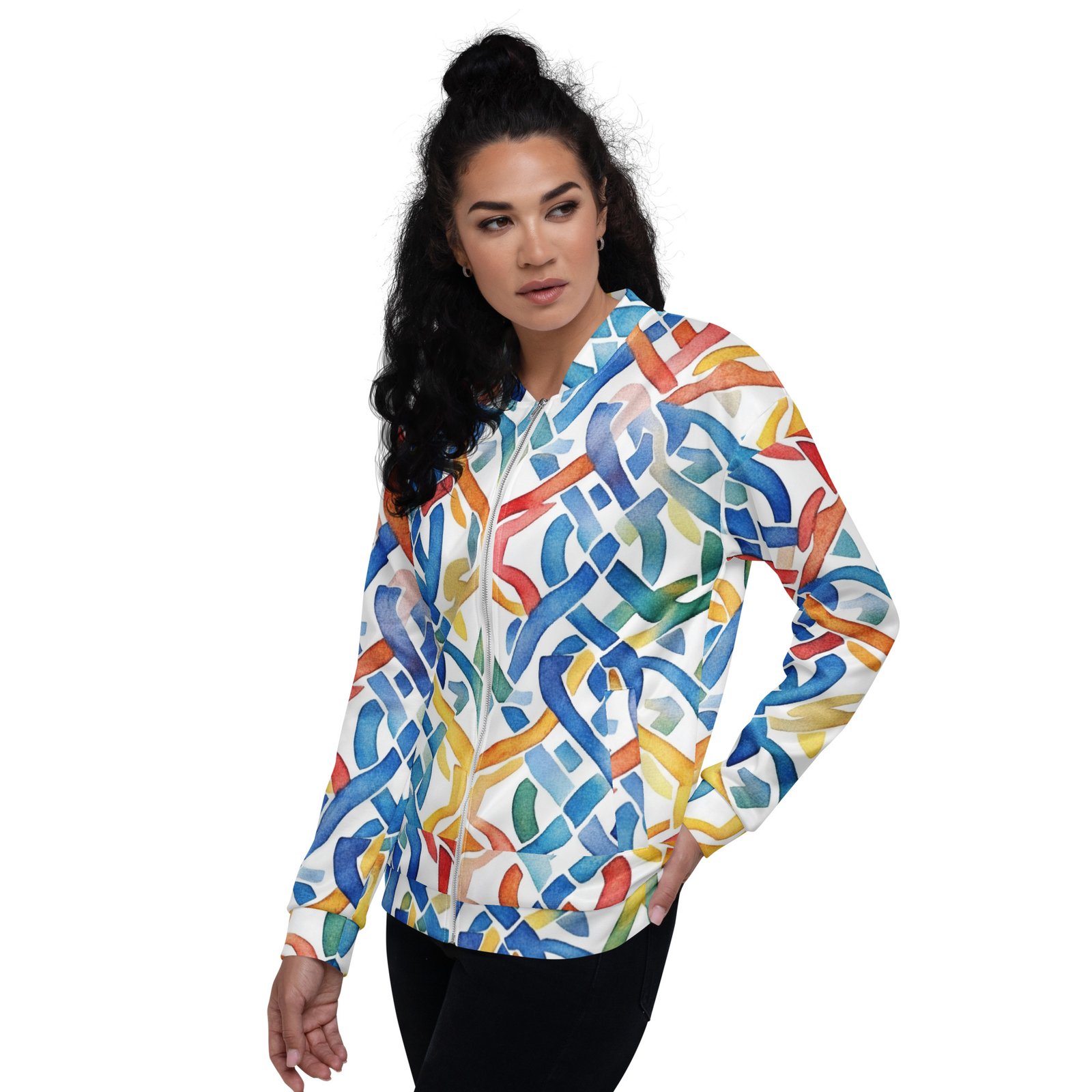 Watercolor Abstract Bomber Jacket Rainbow Brush Coat Watercolor Abstract Bomber Jacket Rainbow Brush Coat