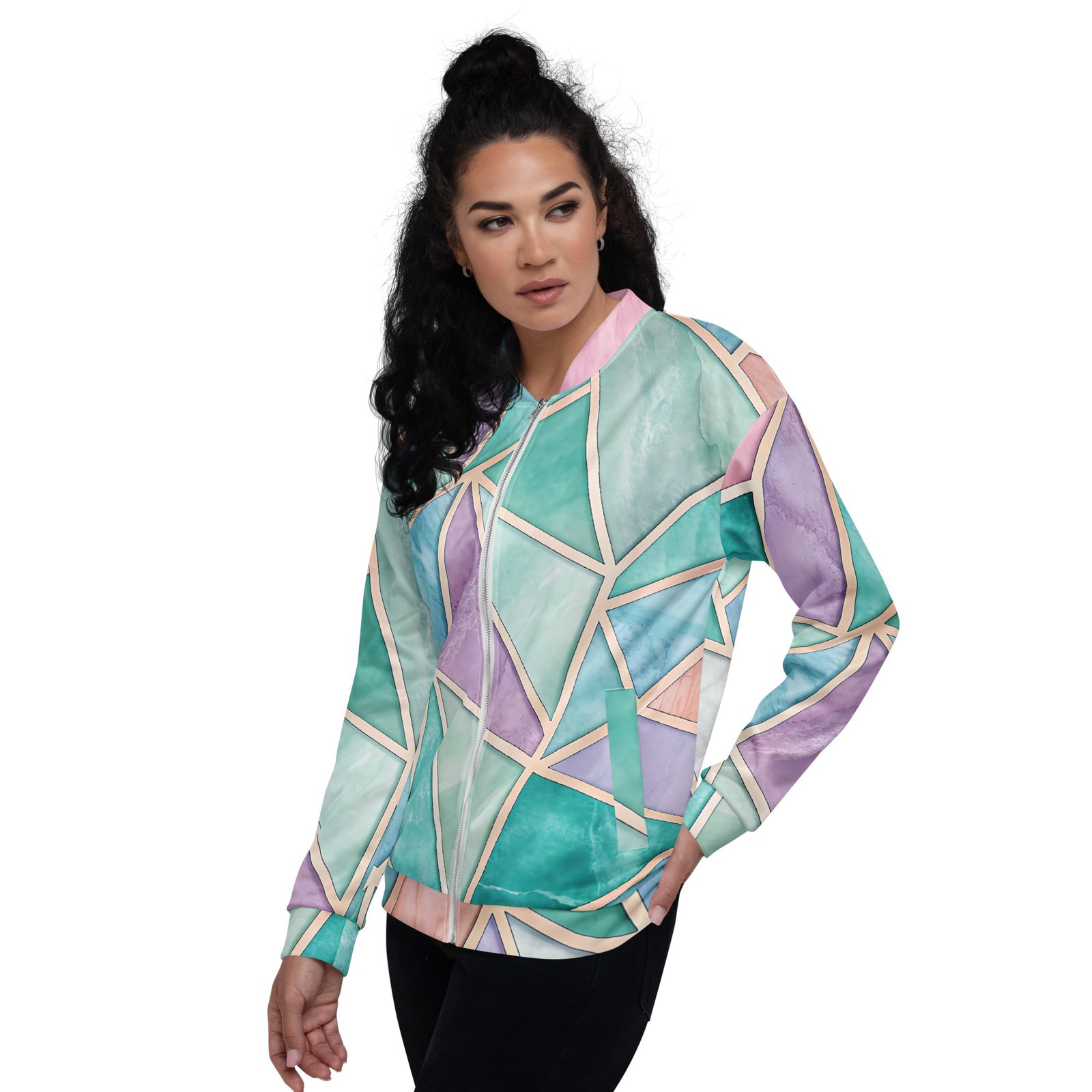 Pastel Geometric Bomber Jacket Rose Gold Triangle Coat Pastel Geometric Bomber Jacket Rose Gold Triangle Coat