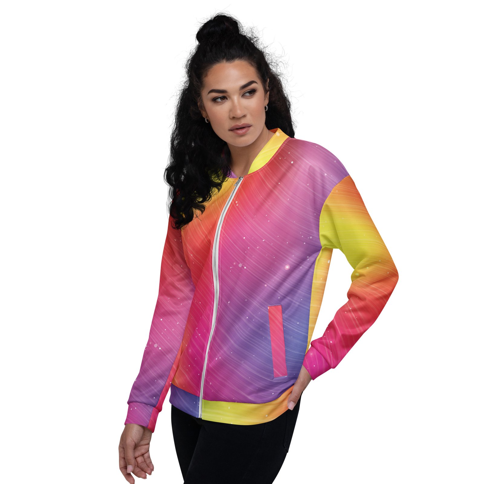 Rainbow Gradient Bomber Jacket Sparkle Diagonal Coat Rainbow Gradient Bomber Jacket Sparkle Diagonal Coat