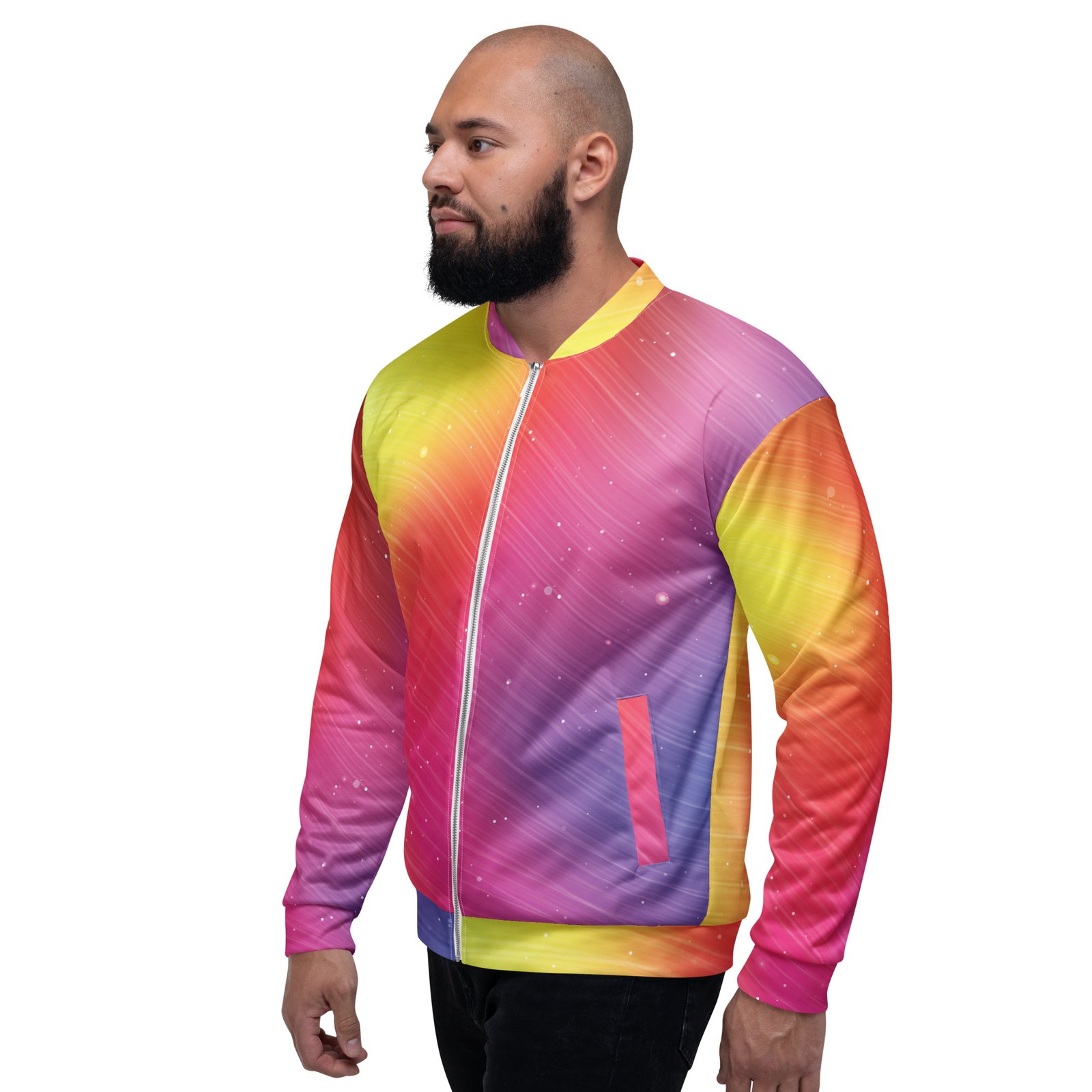 Rainbow Gradient Bomber Jacket Sparkle Diagonal Coat Rainbow Gradient Bomber Jacket Sparkle Diagonal Coat