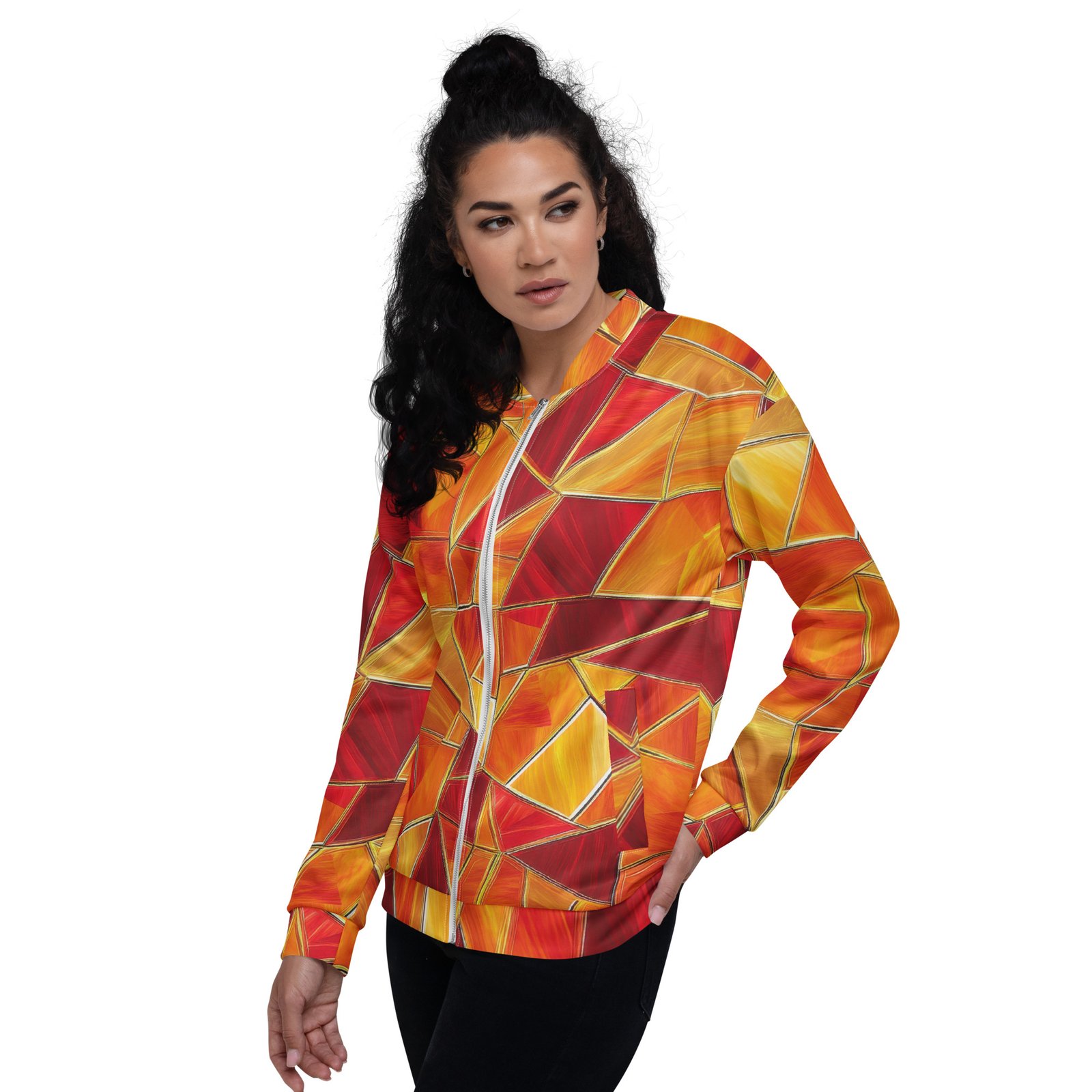 Orange Mosaic Bomber Jacket Warm Geometric Coat Orange Mosaic Bomber Jacket Warm Geometric Coat