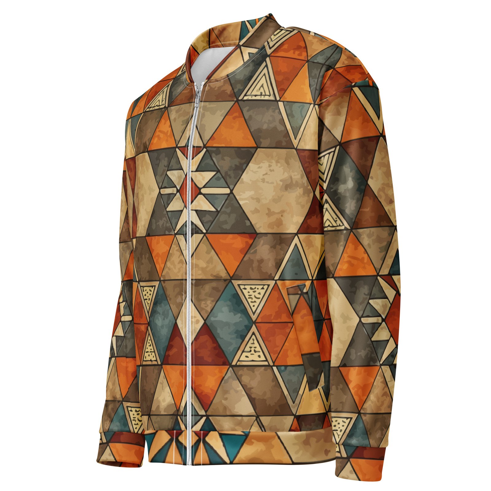 Earthy Geometric Bomber Jacket Mosaic Style Coat Earthy Geometric Bomber Jacket Mosaic Style Coat