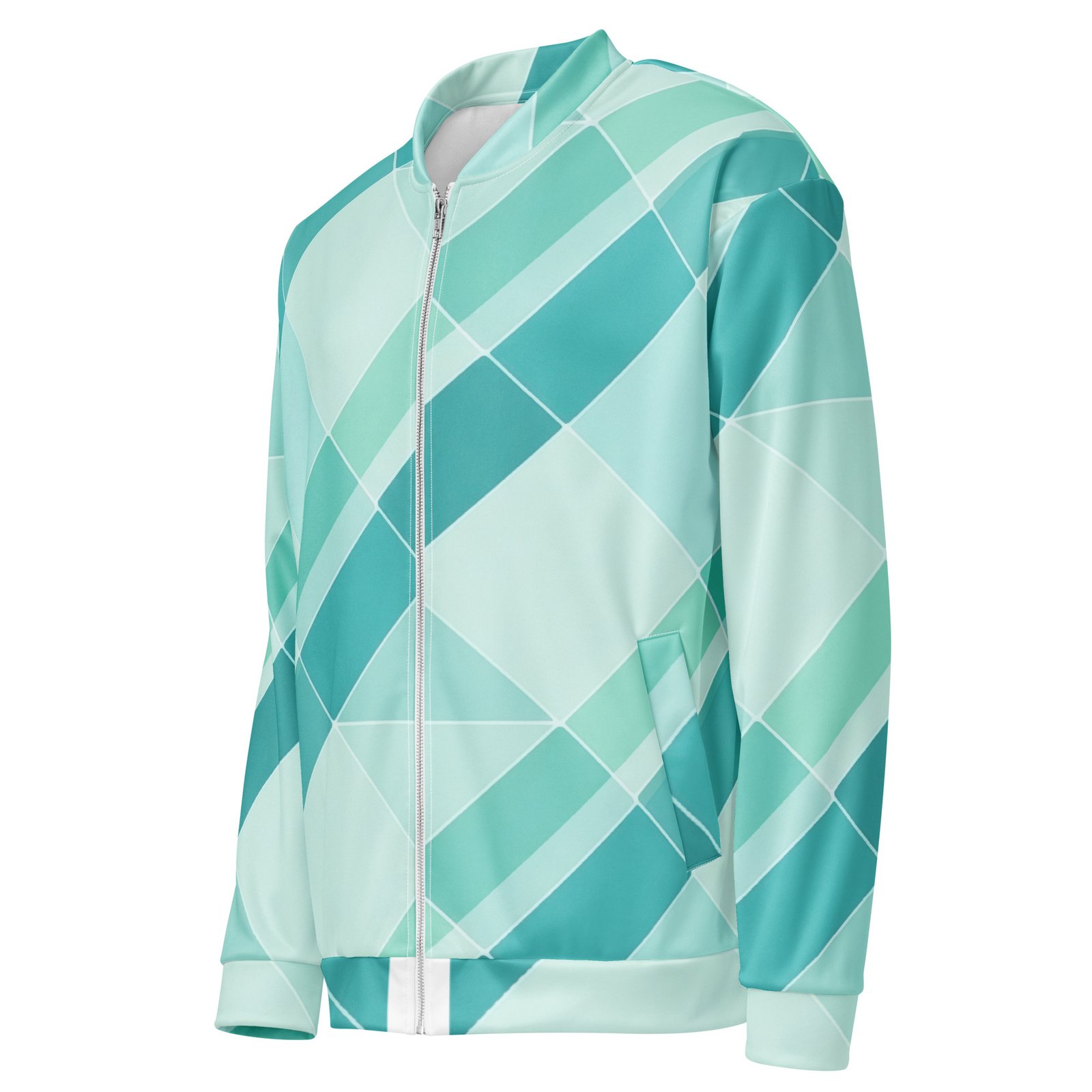 Teal Geometric Bomber Jacket Diagonal Tile Pattern Coat Teal Geometric Bomber Jacket Diagonal Tile Pattern Coat