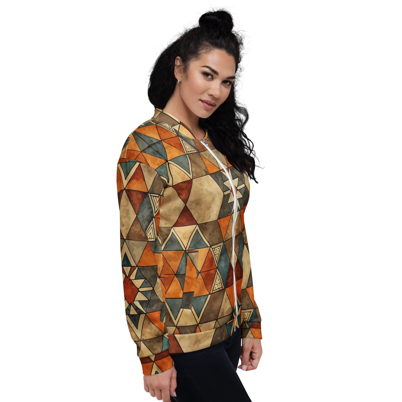 Earthy Geometric Bomber Jacket Mosaic Style Coat Earthy Geometric Bomber Jacket Mosaic Style Coat