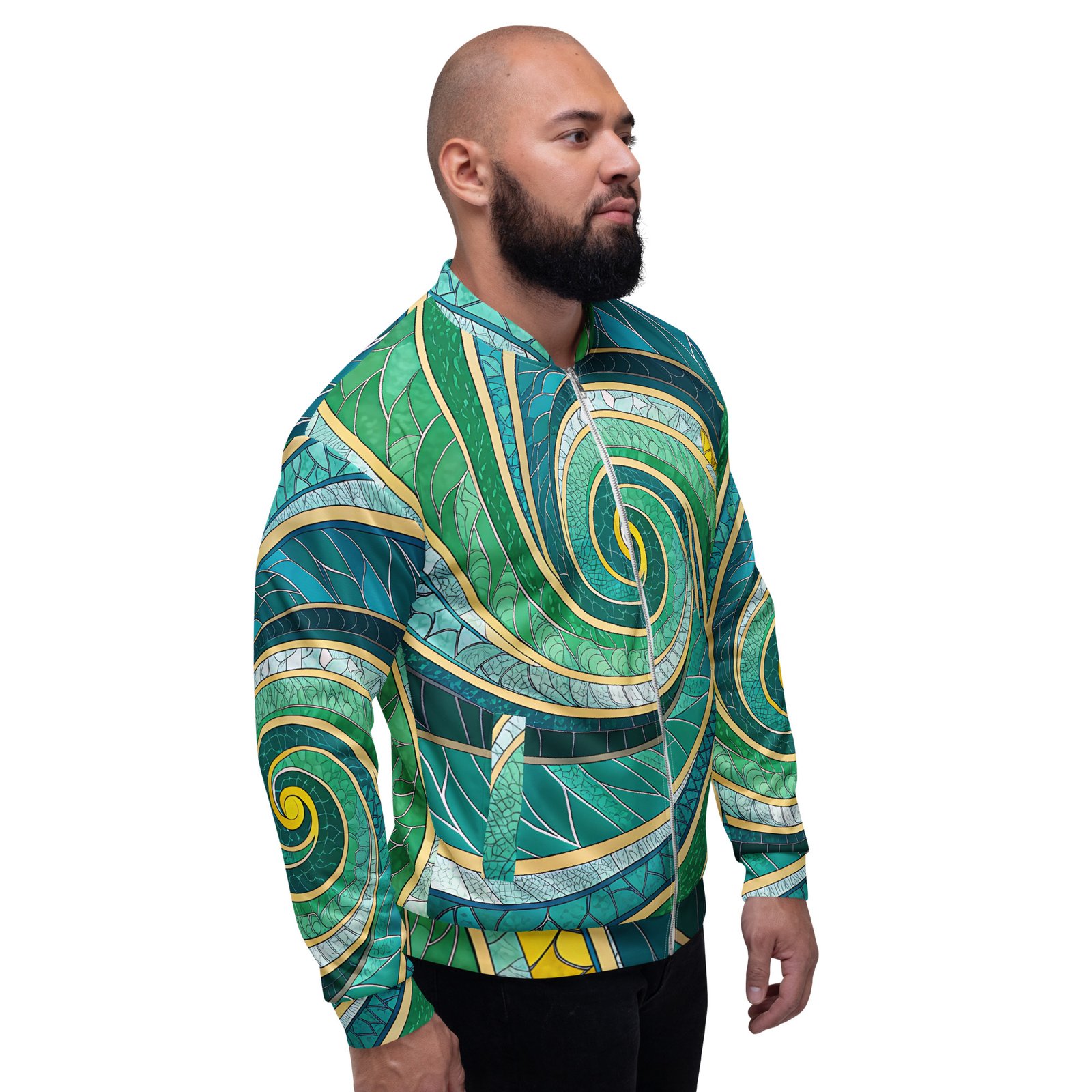 Green Spiral Bomber Jacket Stained Glass Style Coat Green Spiral Bomber Jacket Stained Glass Style Coat