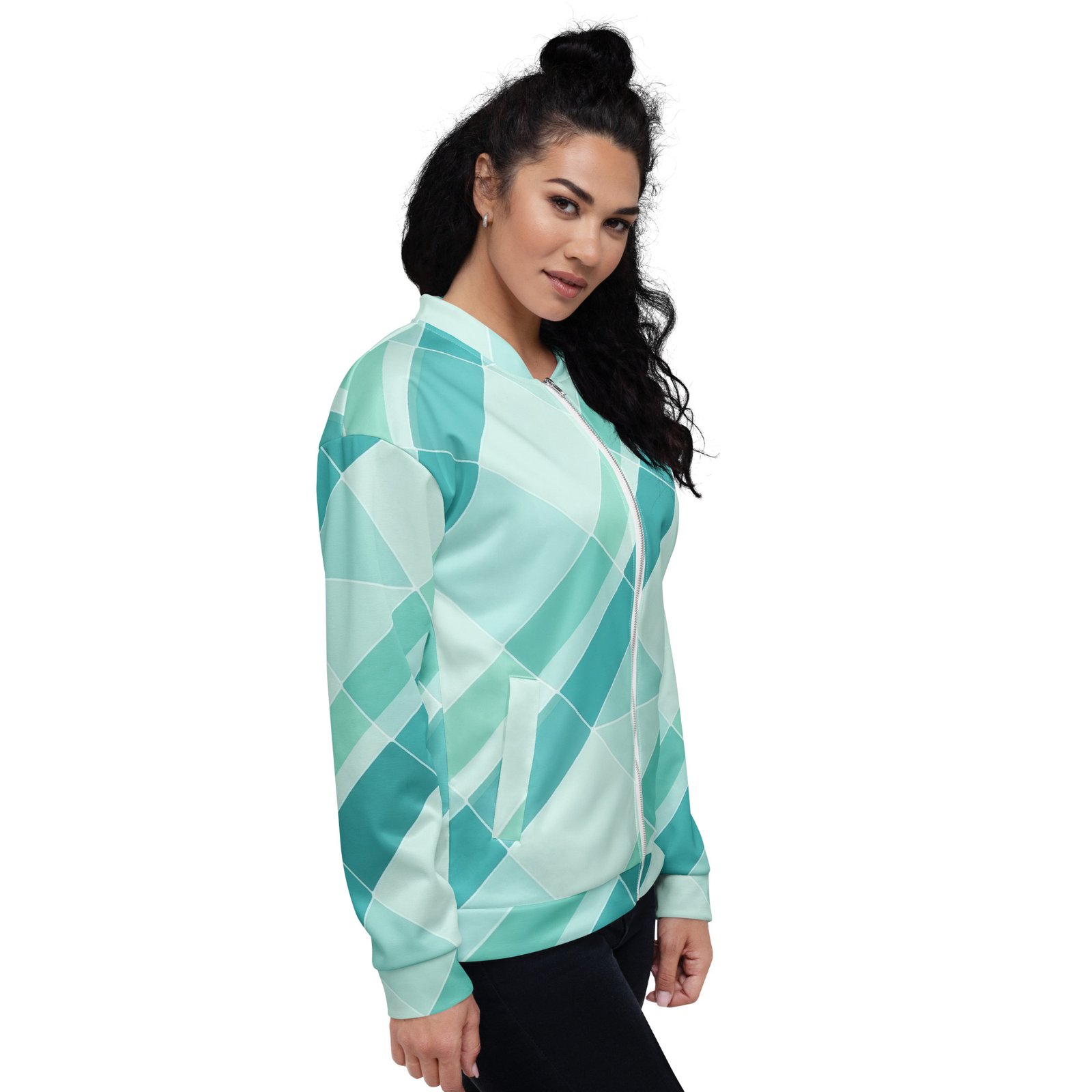 Teal Geometric Bomber Jacket Diagonal Tile Pattern Coat Teal Geometric Bomber Jacket Diagonal Tile Pattern Coat