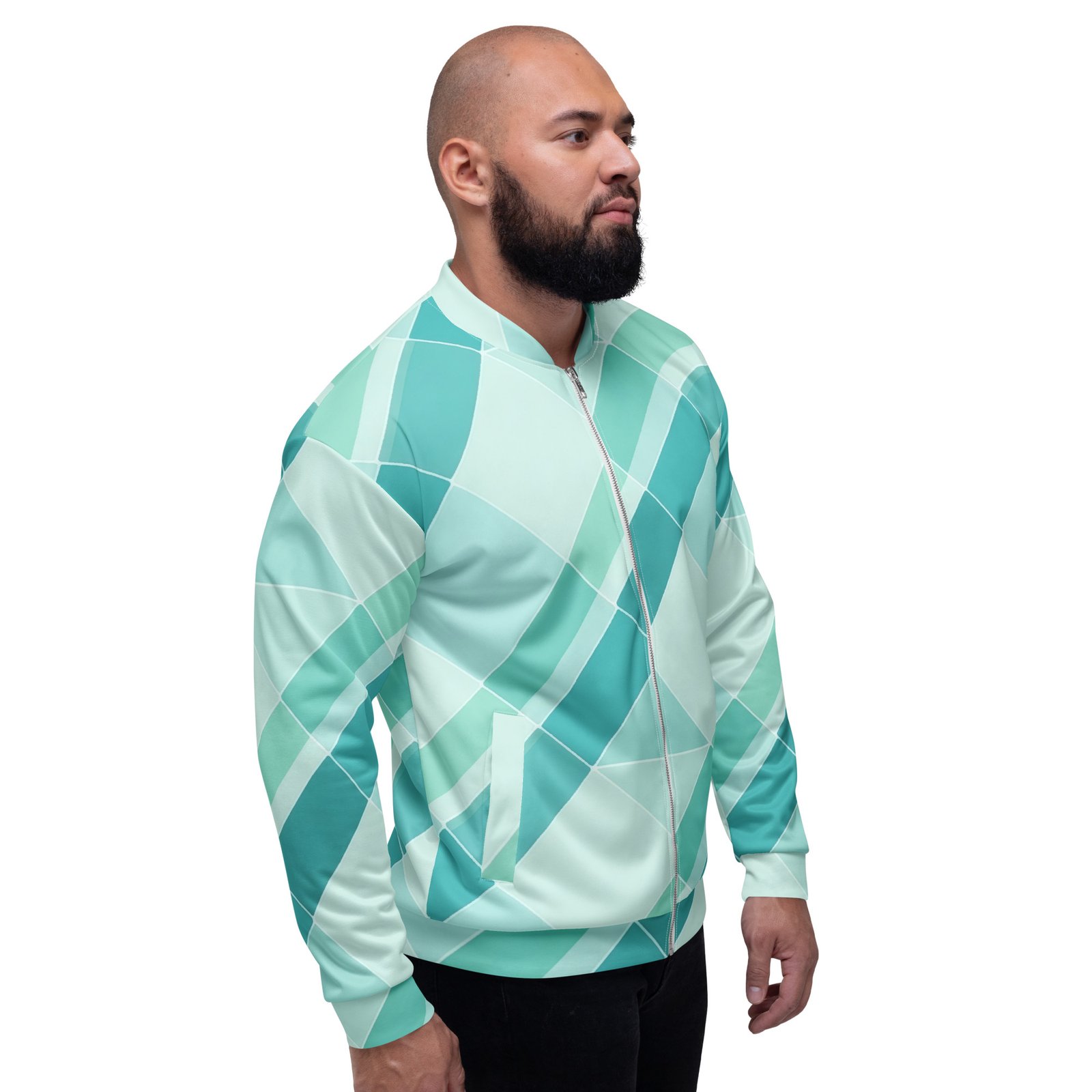 Teal Geometric Bomber Jacket Diagonal Tile Pattern Coat Teal Geometric Bomber Jacket Diagonal Tile Pattern Coat