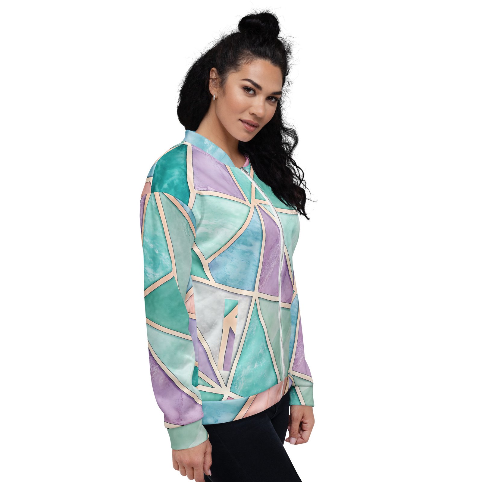 Pastel Geometric Bomber Jacket Rose Gold Triangle Coat Pastel Geometric Bomber Jacket Rose Gold Triangle Coat