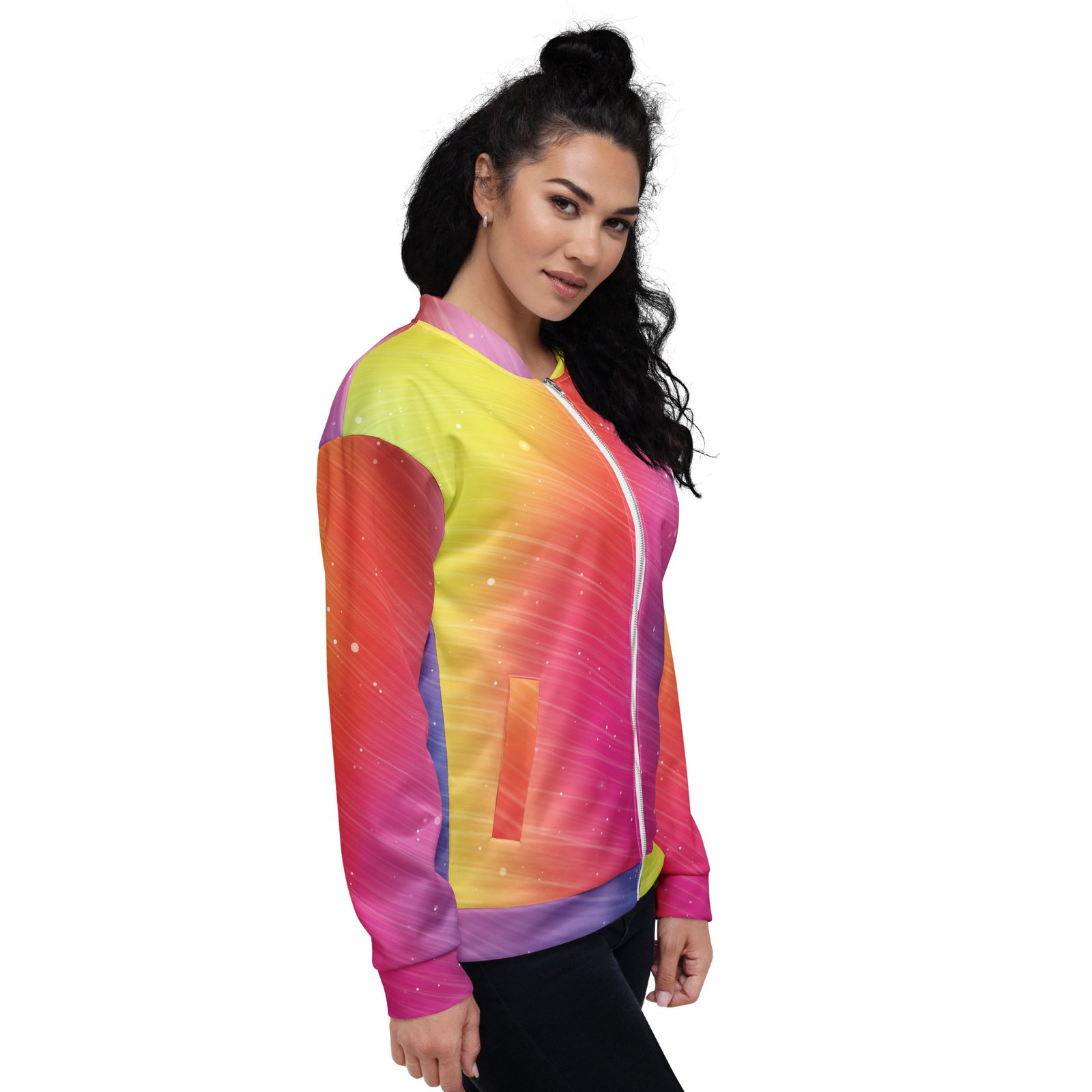 Rainbow Gradient Bomber Jacket Sparkle Diagonal Coat Rainbow Gradient Bomber Jacket Sparkle Diagonal Coat