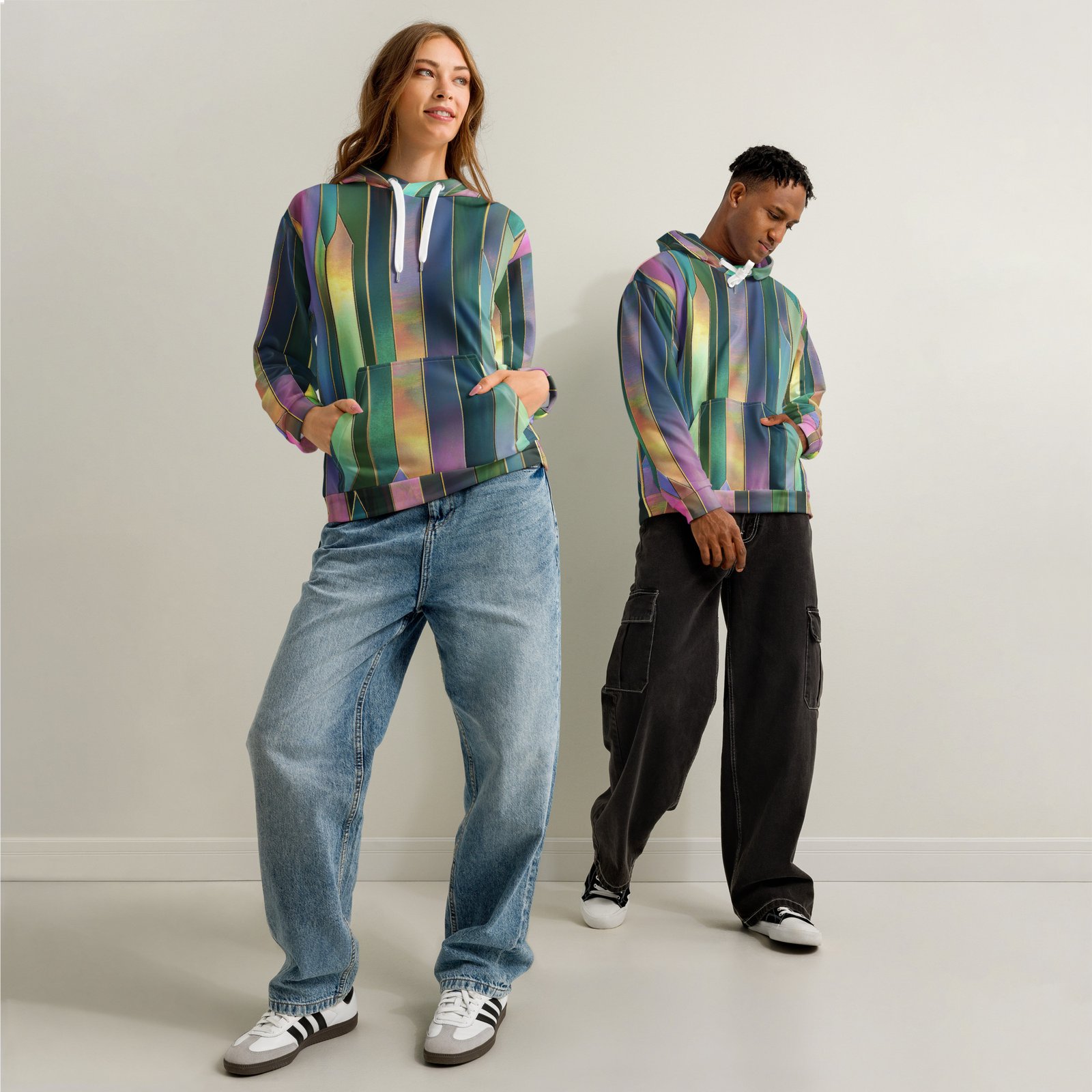 Iridescent Geometric Hoodie Metallic Vertical Design Iridescent Geometric Hoodie Metallic Vertical Design
