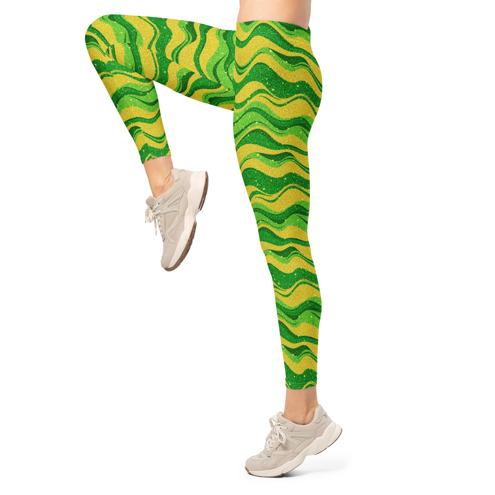 Green Gold Glitter Leggings Sparkly Wave Yoga Pants Green Gold Glitter Leggings Sparkly Wave Yoga Pants