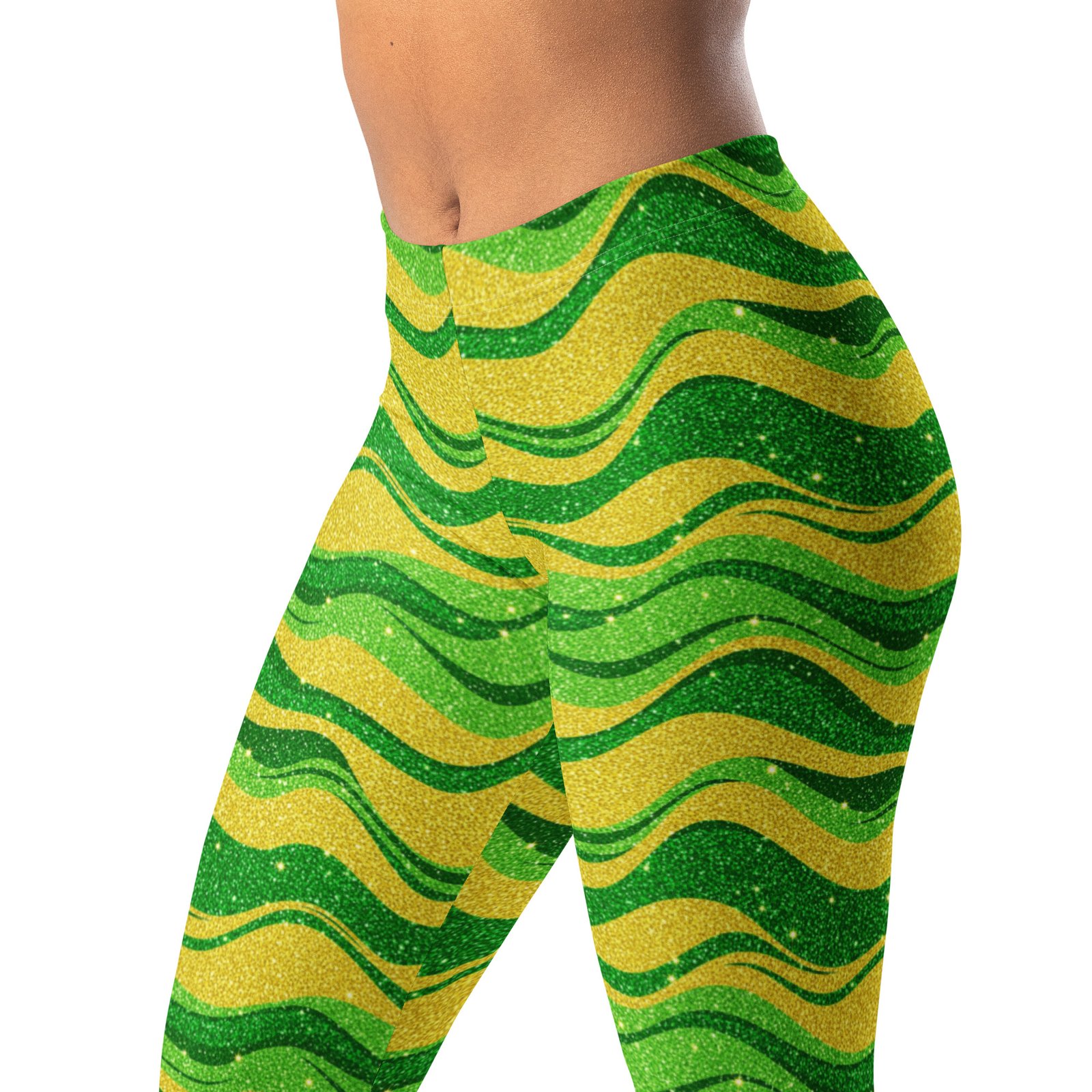 Green Gold Glitter Leggings Sparkly Wave Yoga Pants Green Gold Glitter Leggings Sparkly Wave Yoga Pants