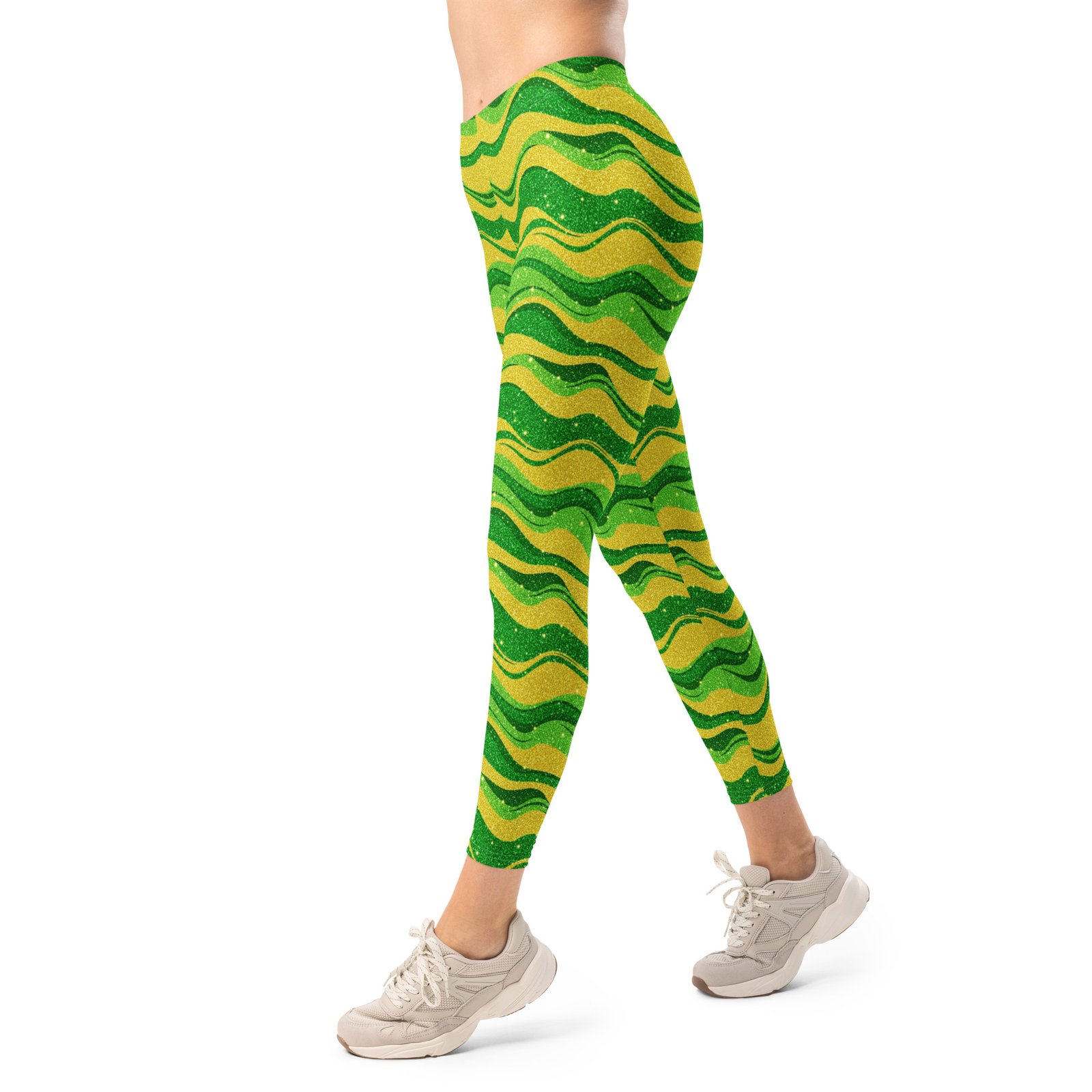 Green Gold Glitter Leggings Sparkly Wave Yoga Pants Green Gold Glitter Leggings Sparkly Wave Yoga Pants