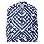 Navy Blue Lattice Bomber Jacket Geometric Fashion Coat