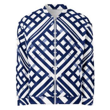 Navy Blue Lattice Bomber Jacket Geometric Fashion Coat