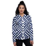 Navy Blue Lattice Bomber Jacket Geometric Fashion Coat
