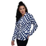Navy Blue Lattice Bomber Jacket Geometric Fashion Coat