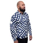 Navy Blue Lattice Bomber Jacket Geometric Fashion Coat