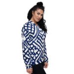 Navy Blue Lattice Bomber Jacket Geometric Fashion Coat